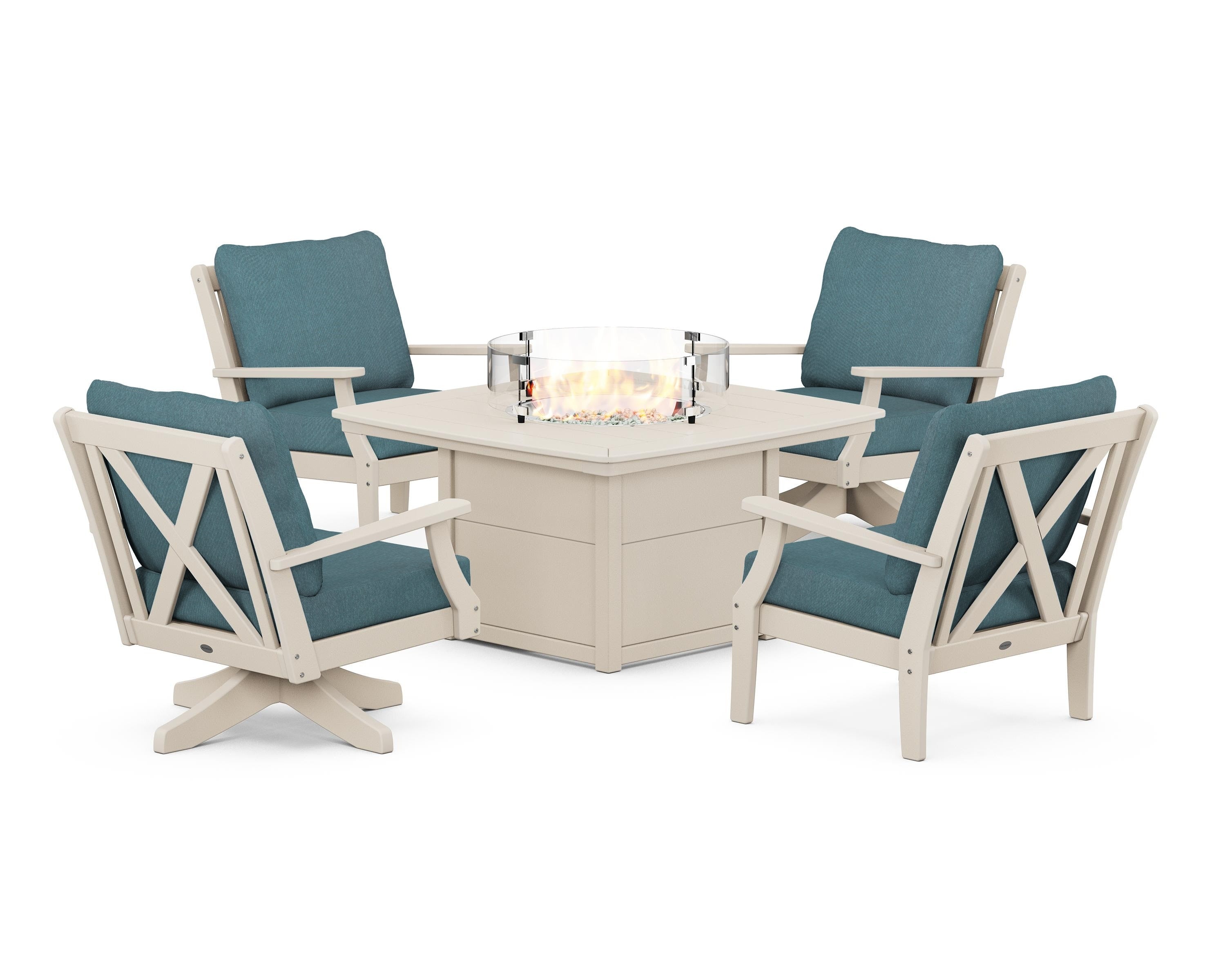 POLYWOOD Braxton 5-Piece Deep Seating Set with Fire Table in Sand / Ocean Teal