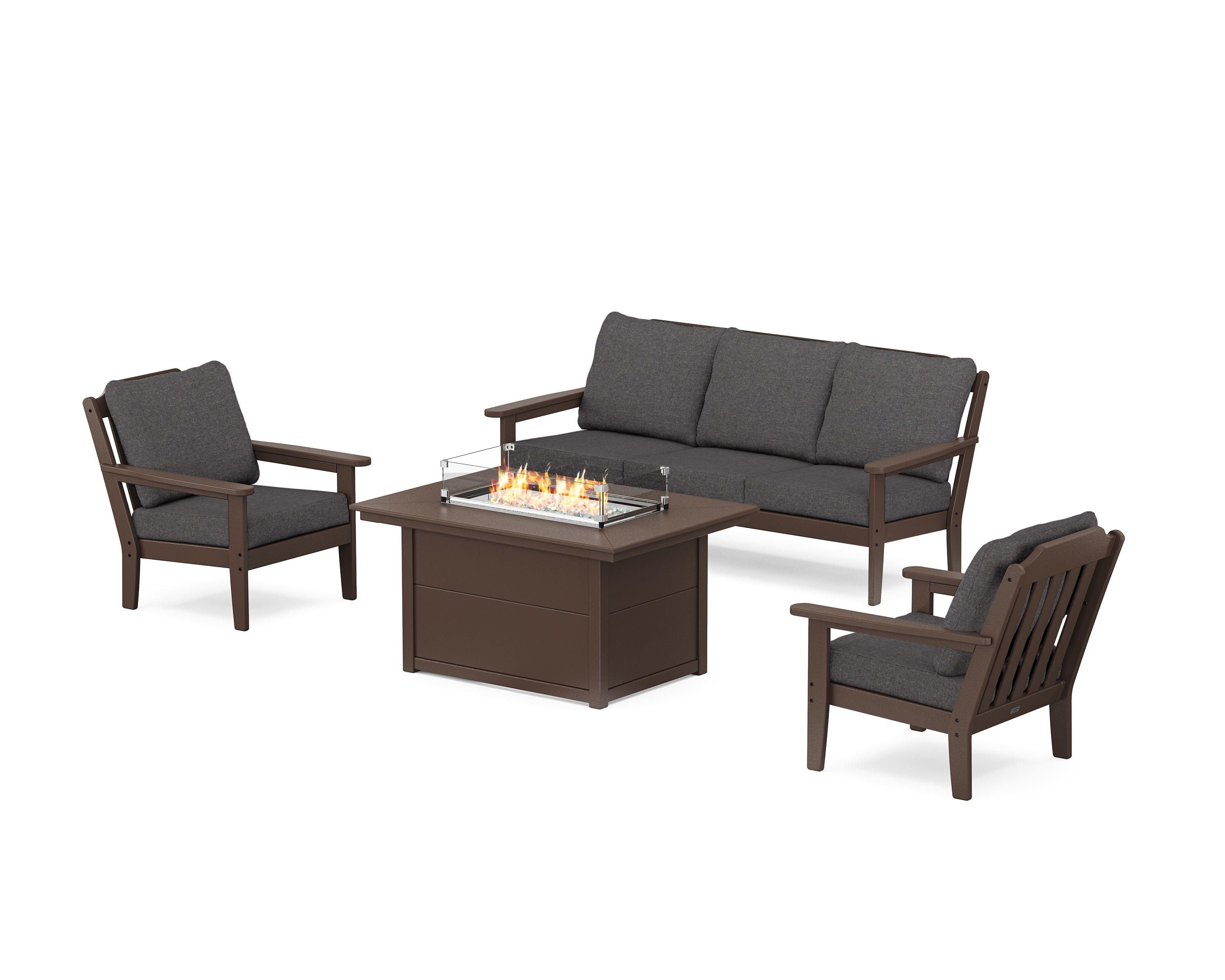 Country Living Cottage Deep Seating Fire Pit Table Set in Mahogany / Ash Charcoal