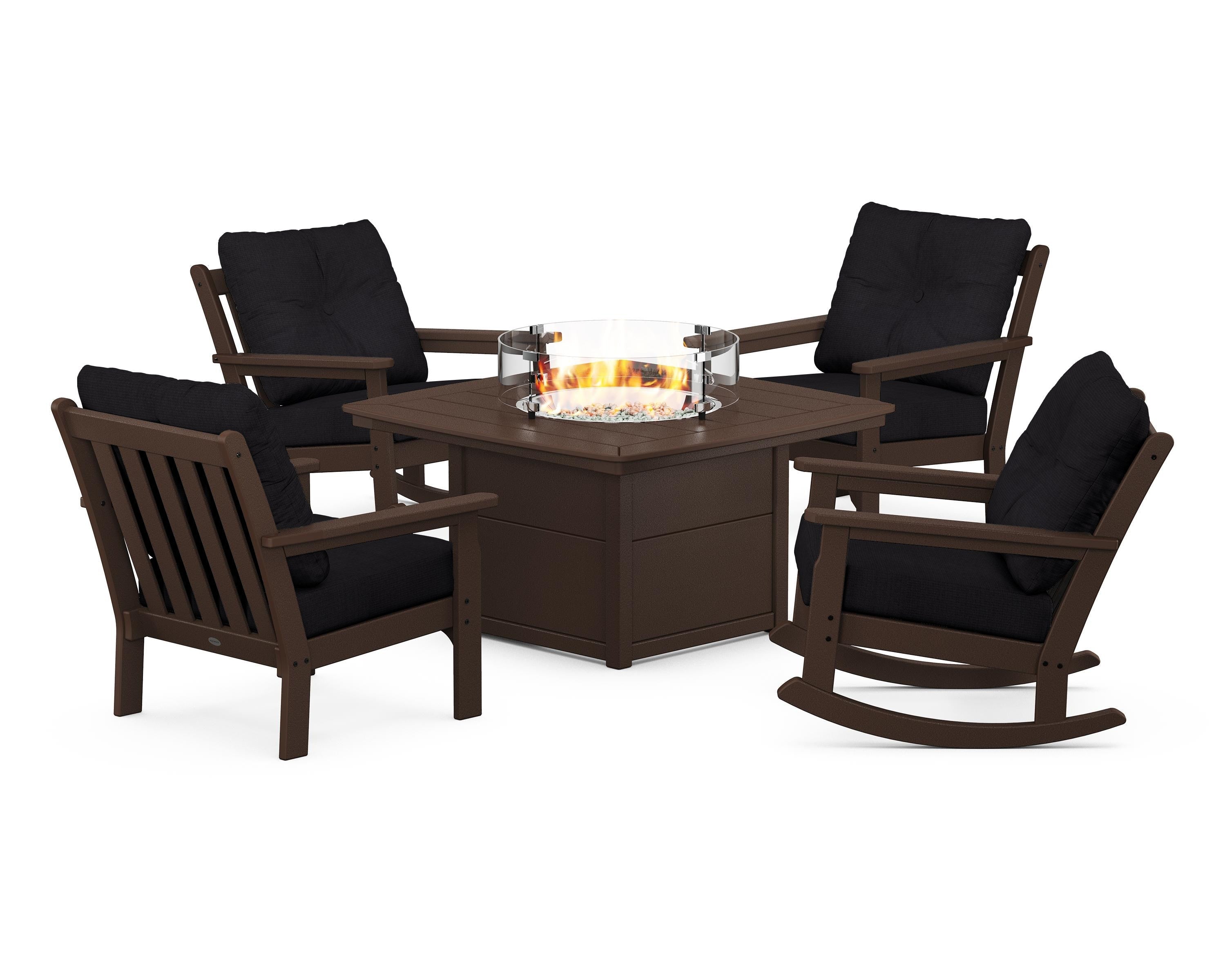 POLYWOOD Vineyard 5-Piece Deep Seating Rocking Chair Conversation Set with Fire Pit Table in Mahogany / Midnight Linen