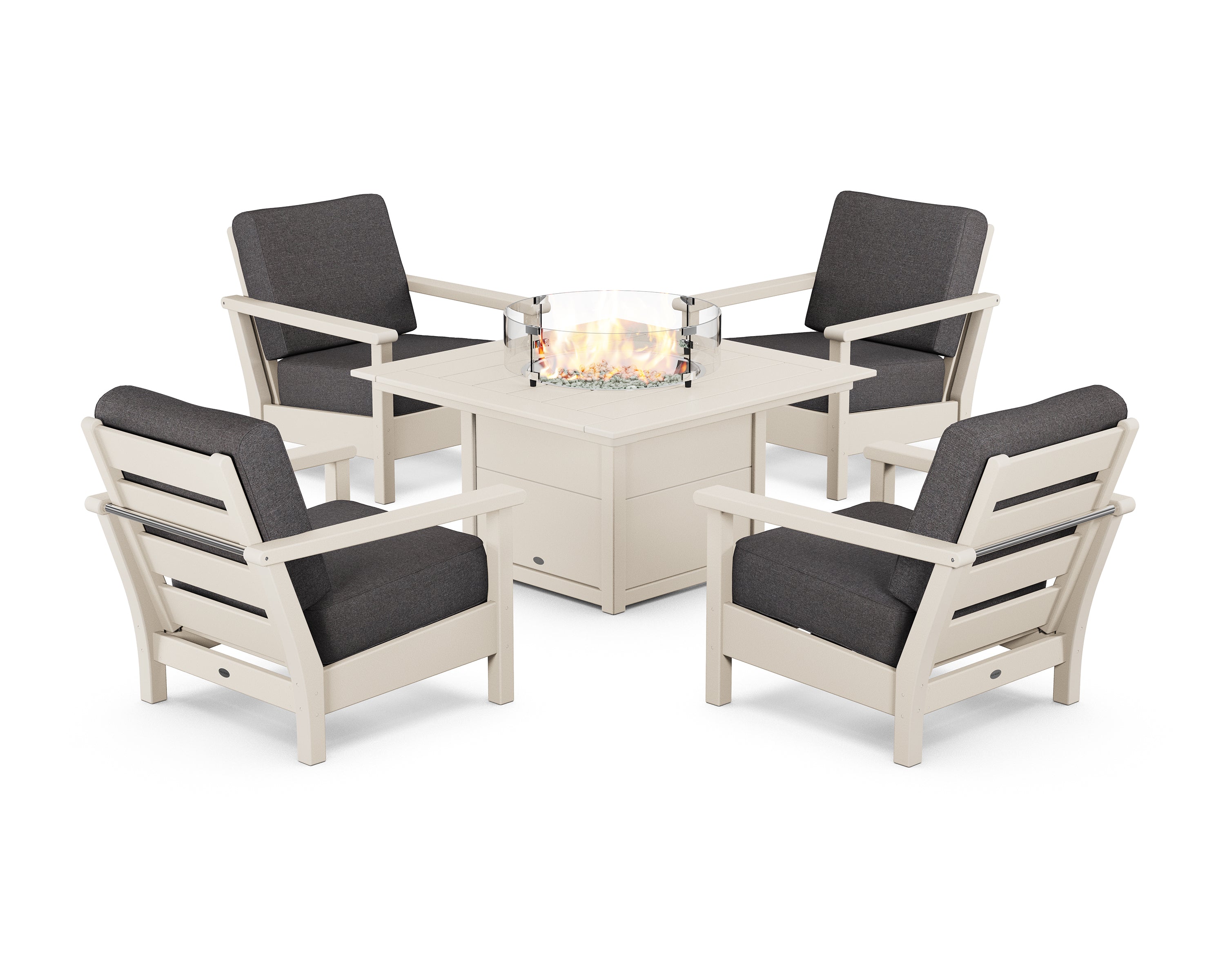 POLYWOOD Harbour 5-Piece Conversation Set with Fire Pit Table in Sand / Ash Charcoal