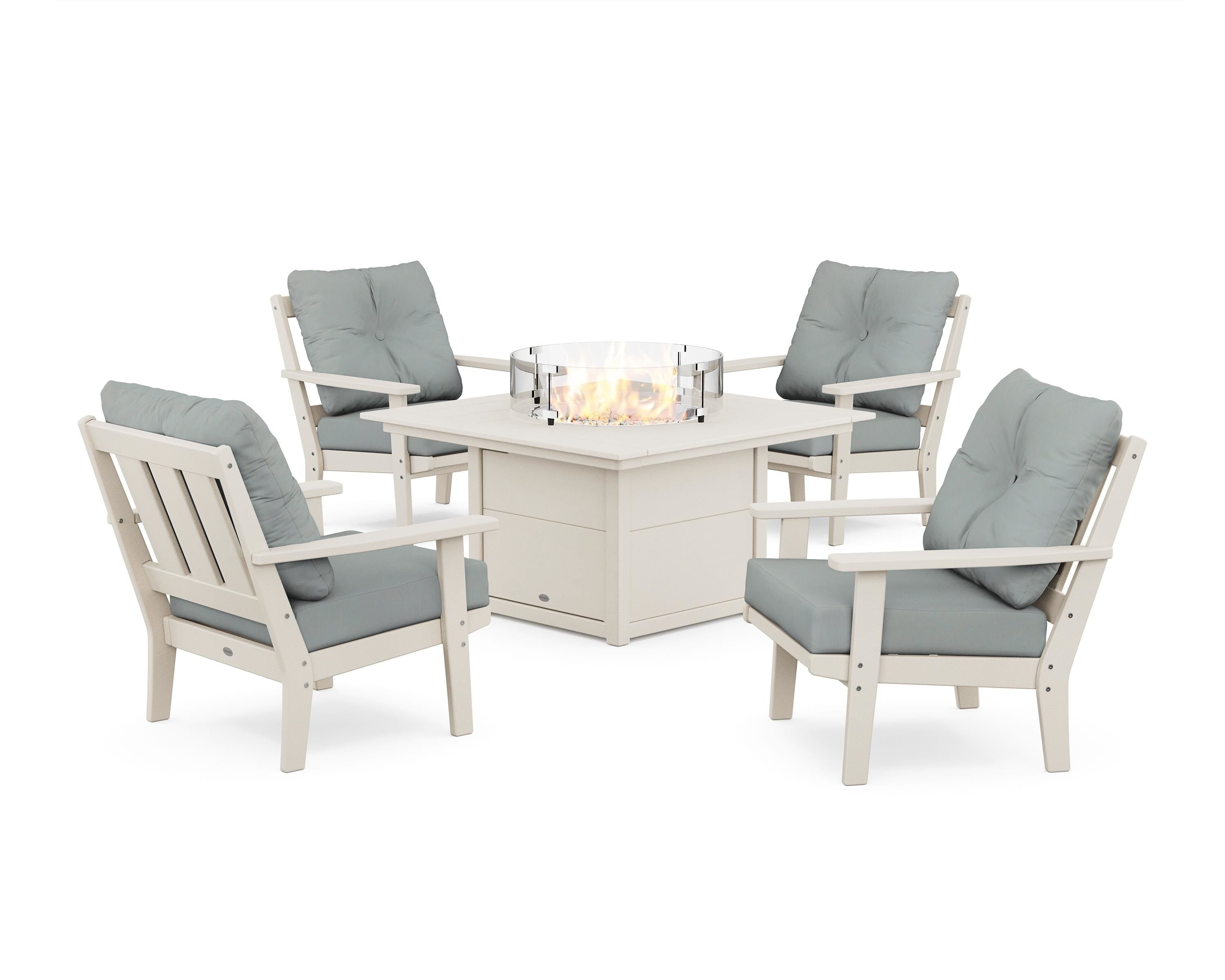 POLYWOOD Oxford 5-Piece Deep Seating Set with Fire Pit Table in Sand / Spa