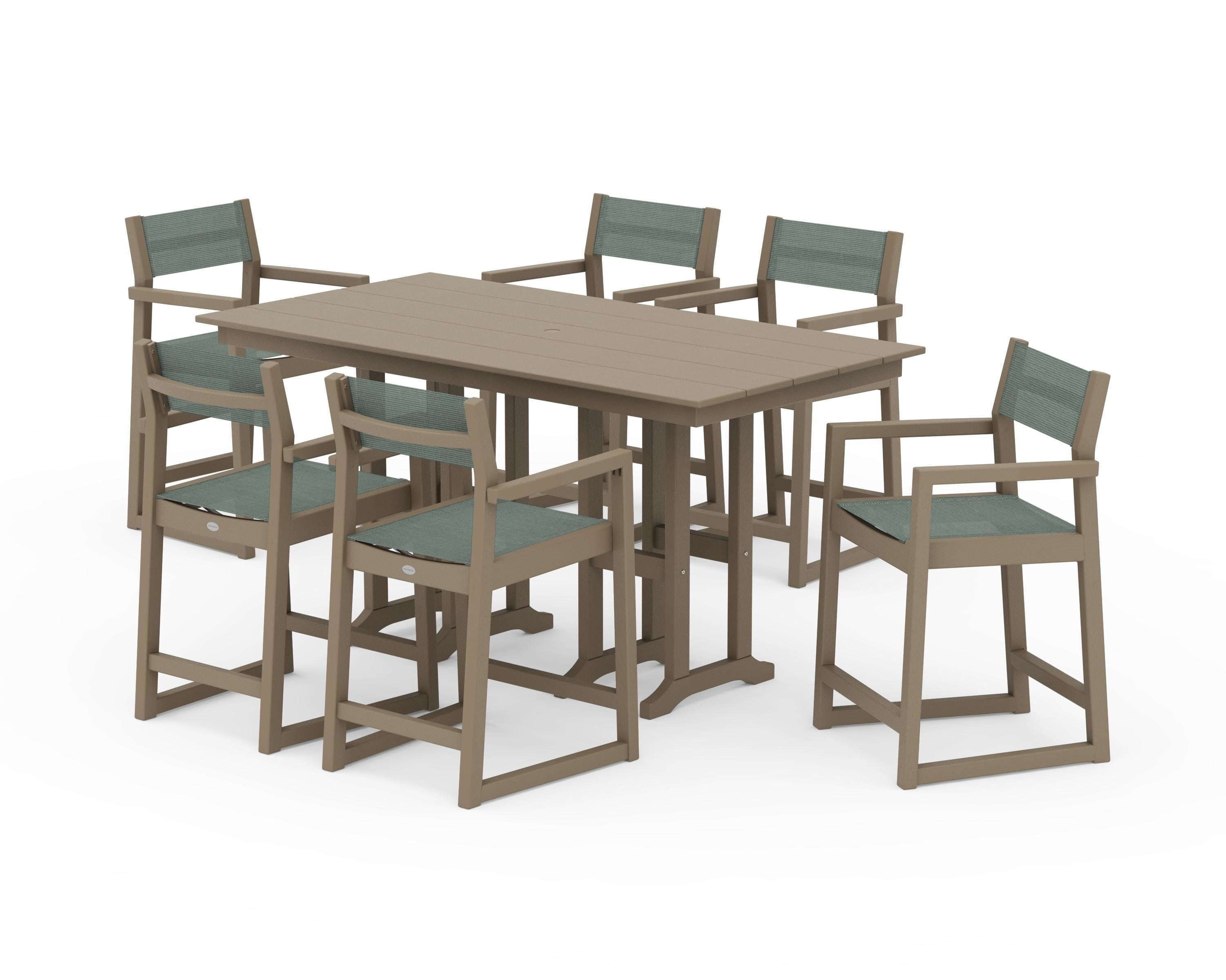 POLYWOOD EDGE Sling Arm Chair 7-Piece Farmhouse Counter Set in Vintage Sahara / Dupioni Sea Mist Sling