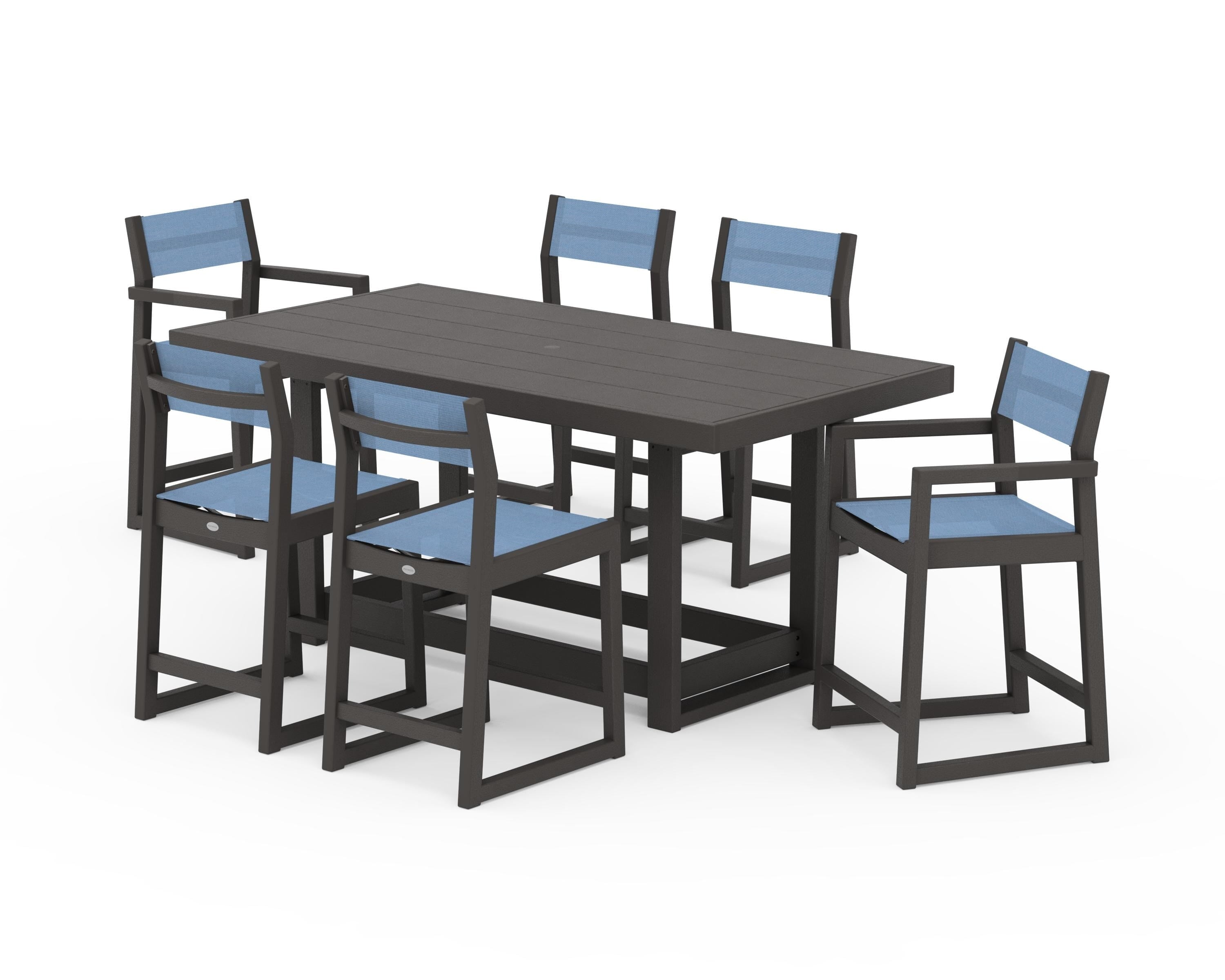 POLYWOOD EDGE Sling 7-Piece Counter Table Set in Vintage Coffee / Poolside Sling