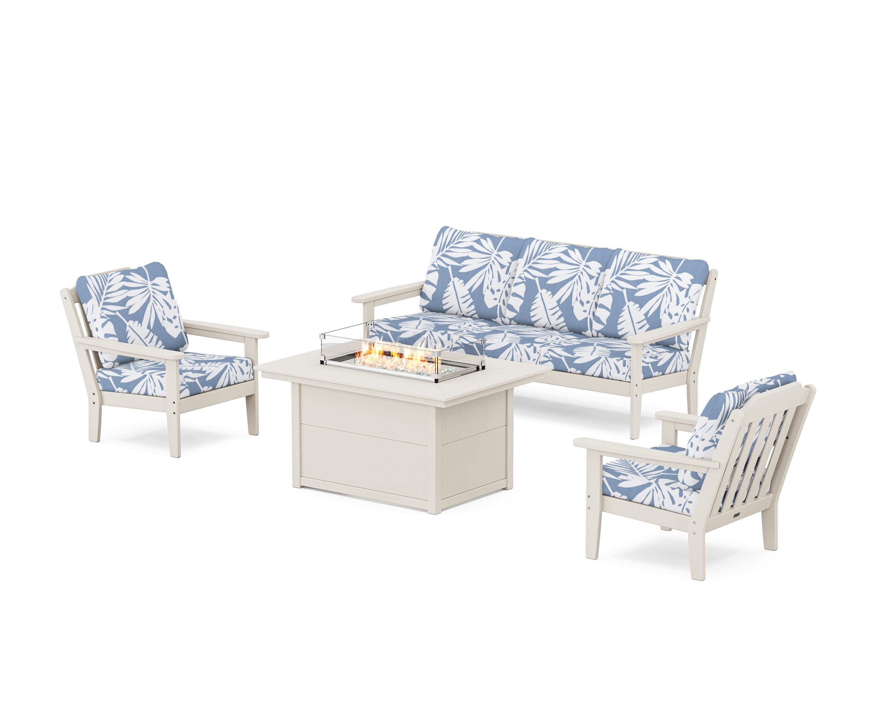 Country Living Cottage Deep Seating Fire Pit Table Set in Sand / Leaf Sky Blue