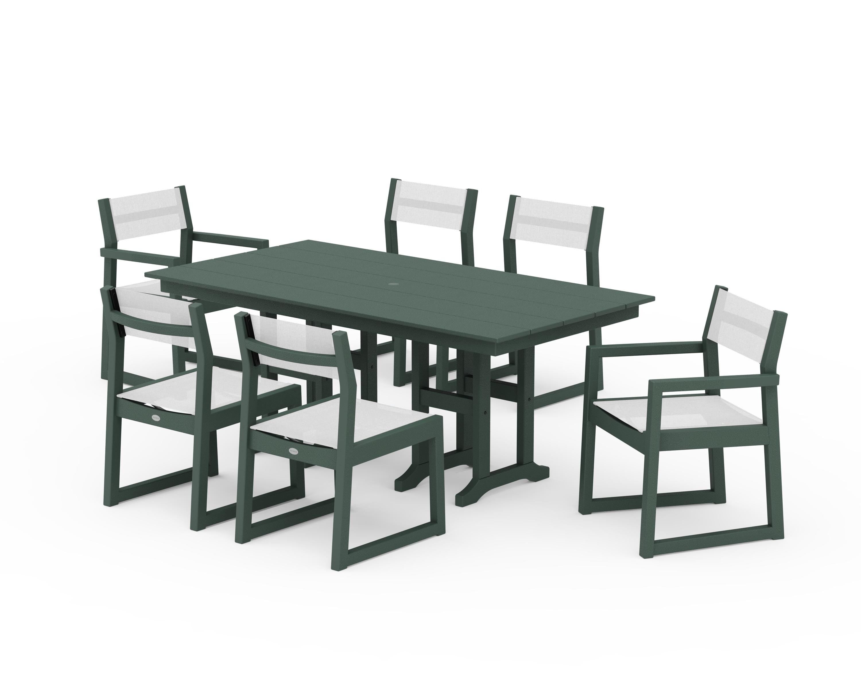 POLYWOOD EDGE Sling 7-Piece Farmhouse Dining Set in Green / White Sling