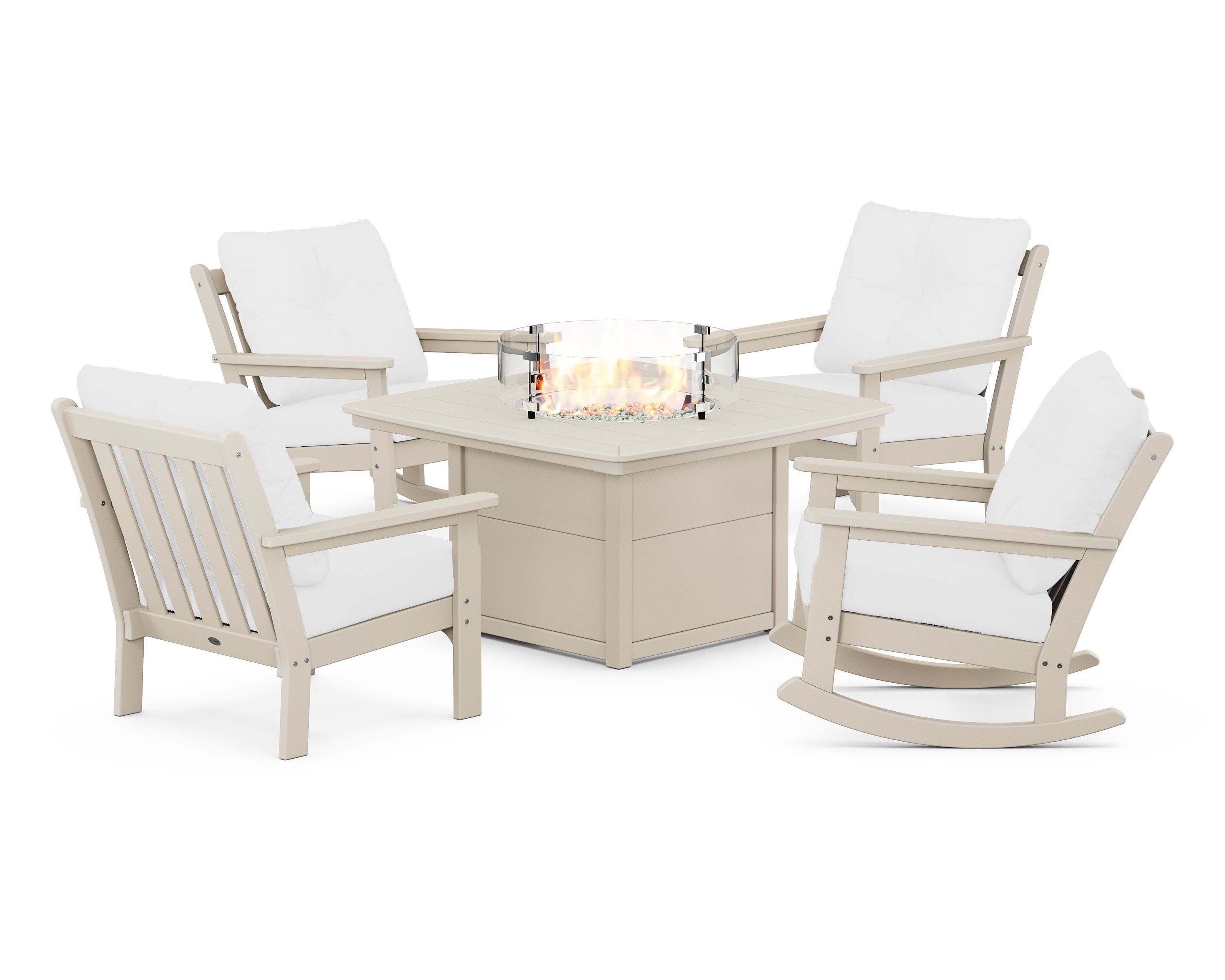 POLYWOOD Vineyard 5-Piece Deep Seating Rocking Chair Conversation Set with Fire Pit Table in Sand / Natural