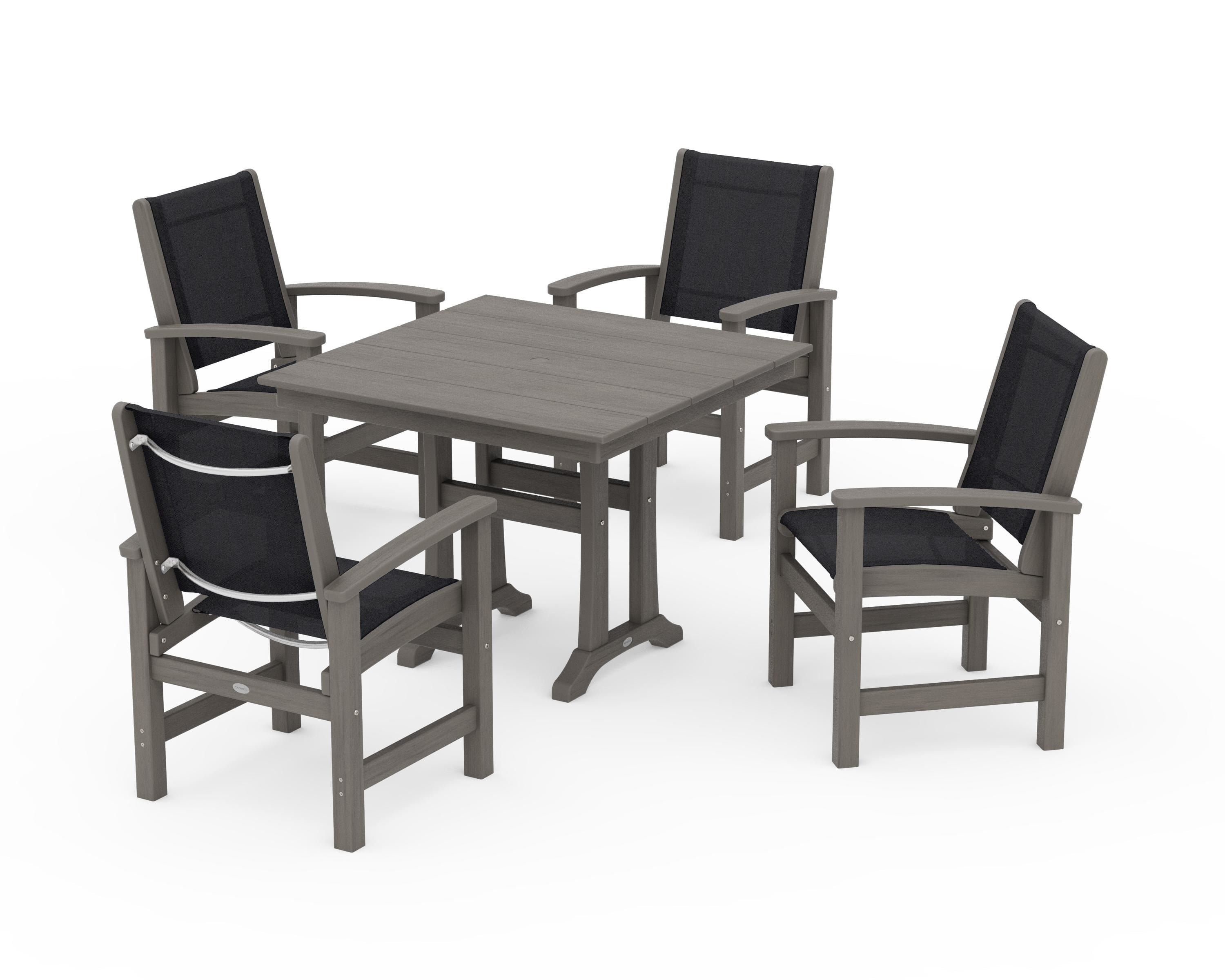 POLYWOOD Coastal 5-Piece Farmhouse Dining Set With Trestle Legs in Driftwood / Black Sling
