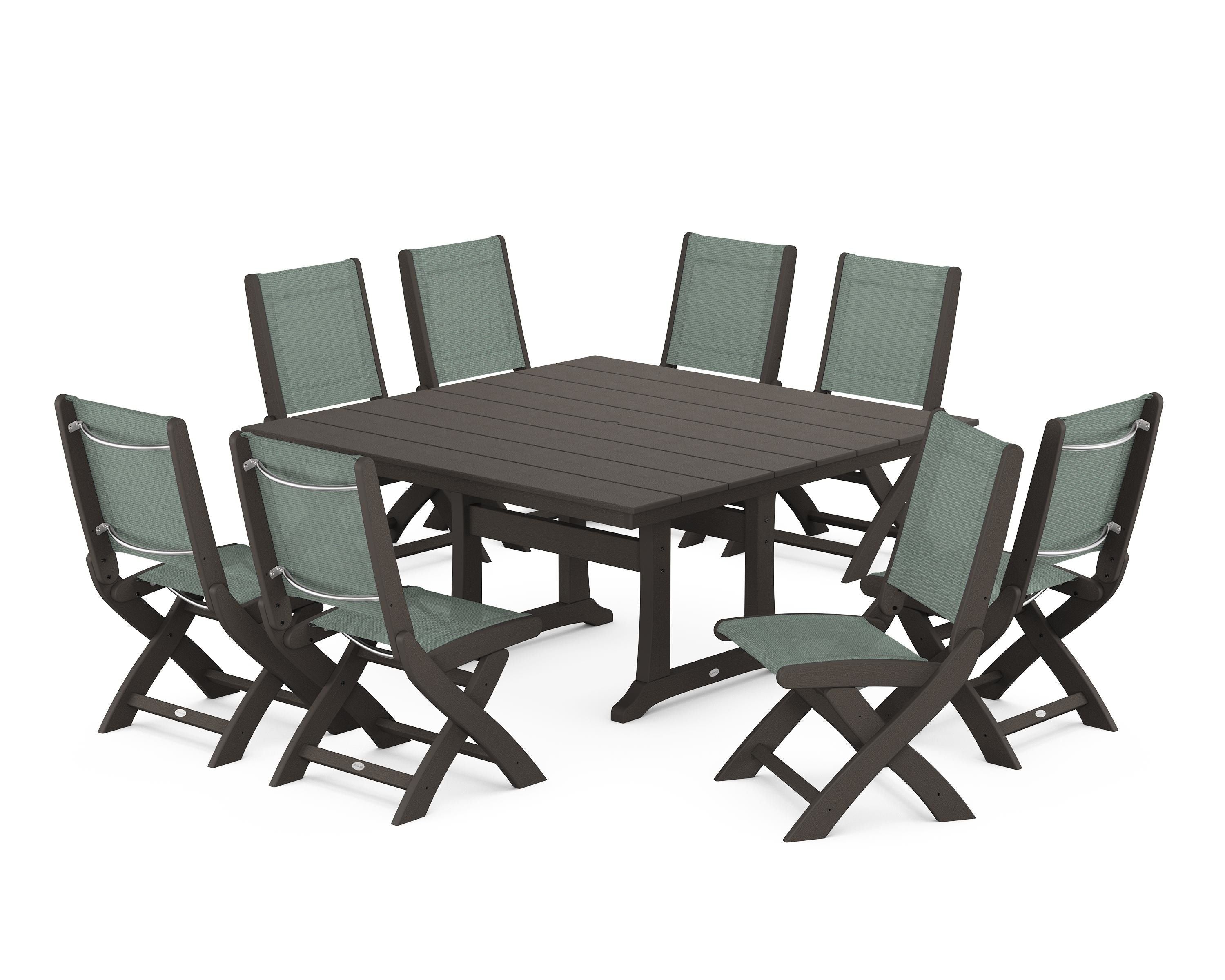 POLYWOOD Coastal Folding Side Chair 9-Piece Farmhouse Dining Set in Vintage Coffee / Dupioni Sea Mist Sling