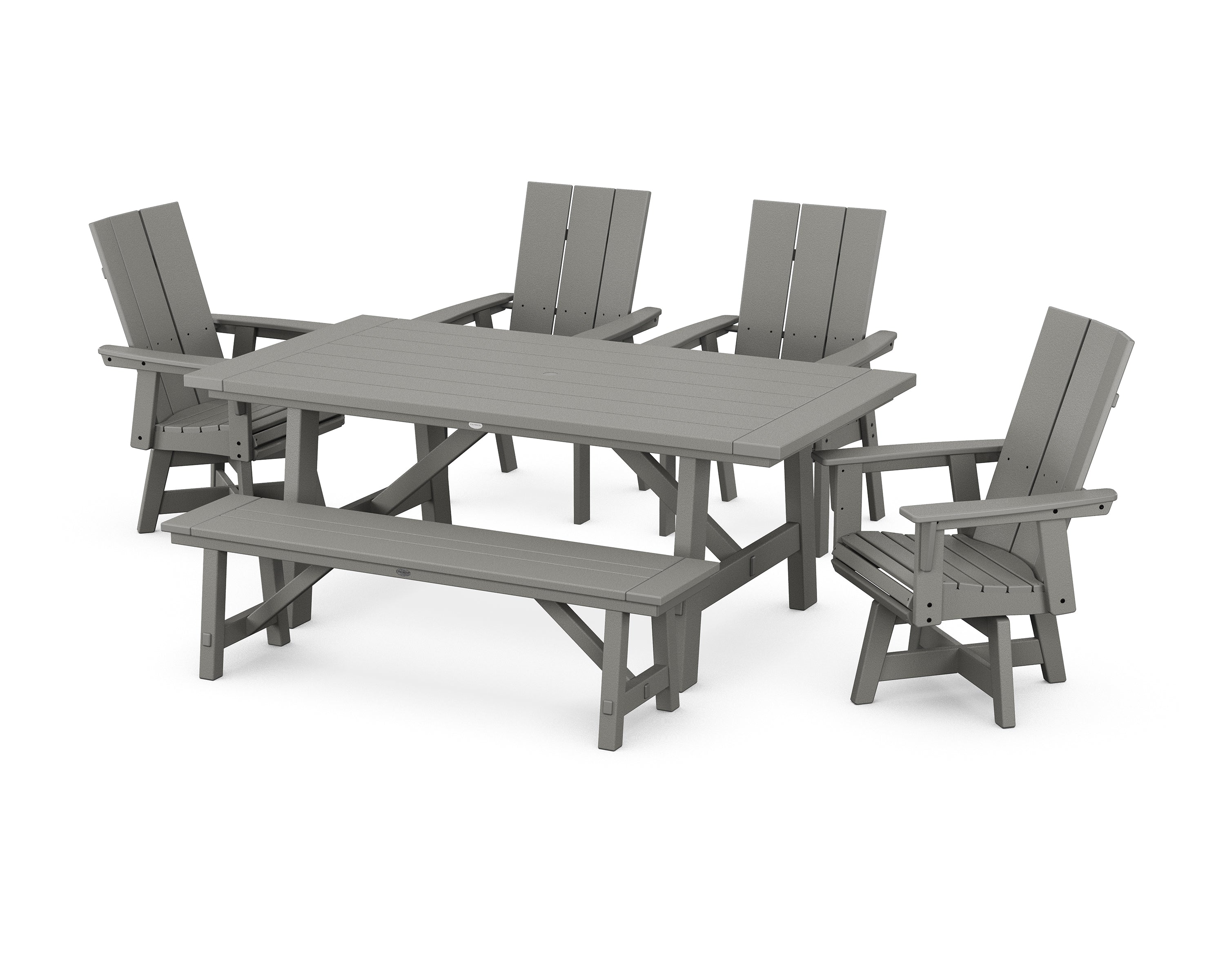 POLYWOOD® Modern Curveback Adirondack Swivel Chair 6-Piece Rustic Farmhouse Dining Set with Bench in Slate Grey