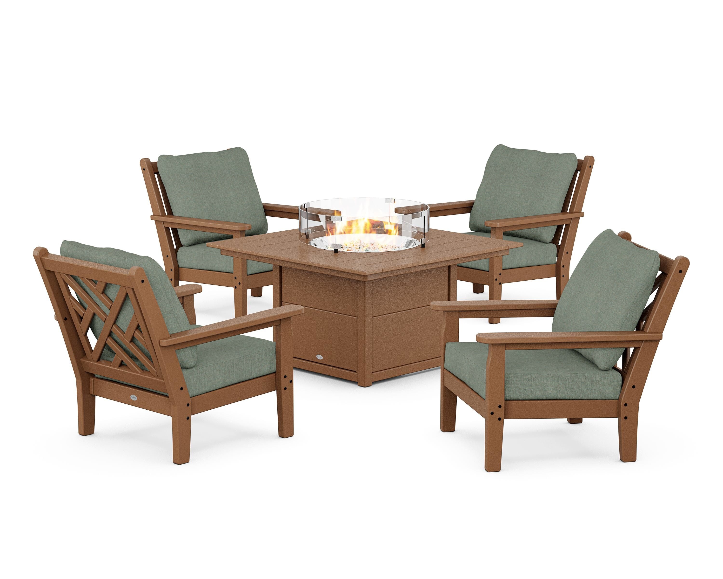 POLYWOOD Chippendale 5-Piece Deep Seating Set with Fire Pit Table in Teak / Cast Sage