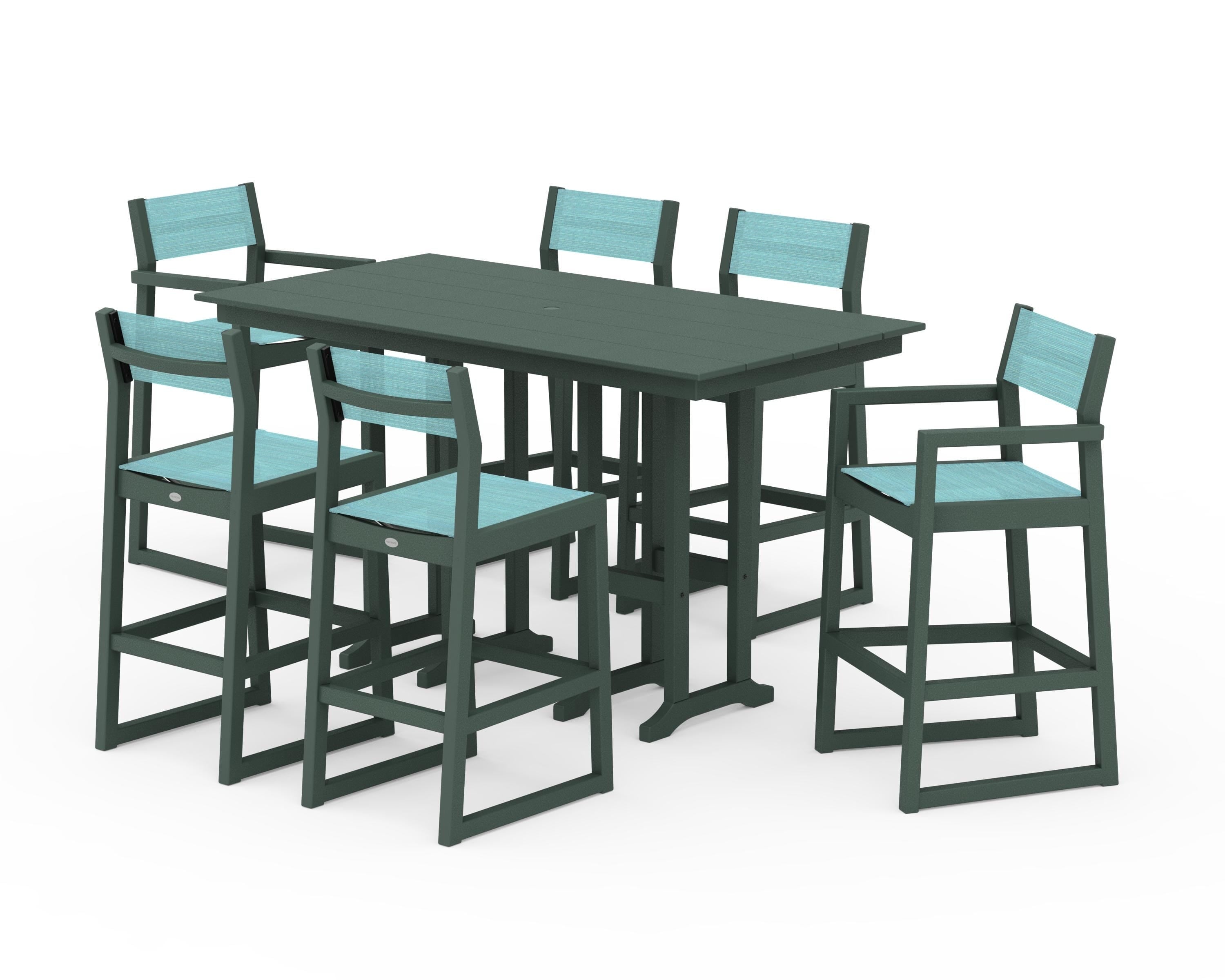POLYWOOD EDGE Sling 7-Piece Farmhouse Bar Set in Green / Dupioni Aquamarine Sling