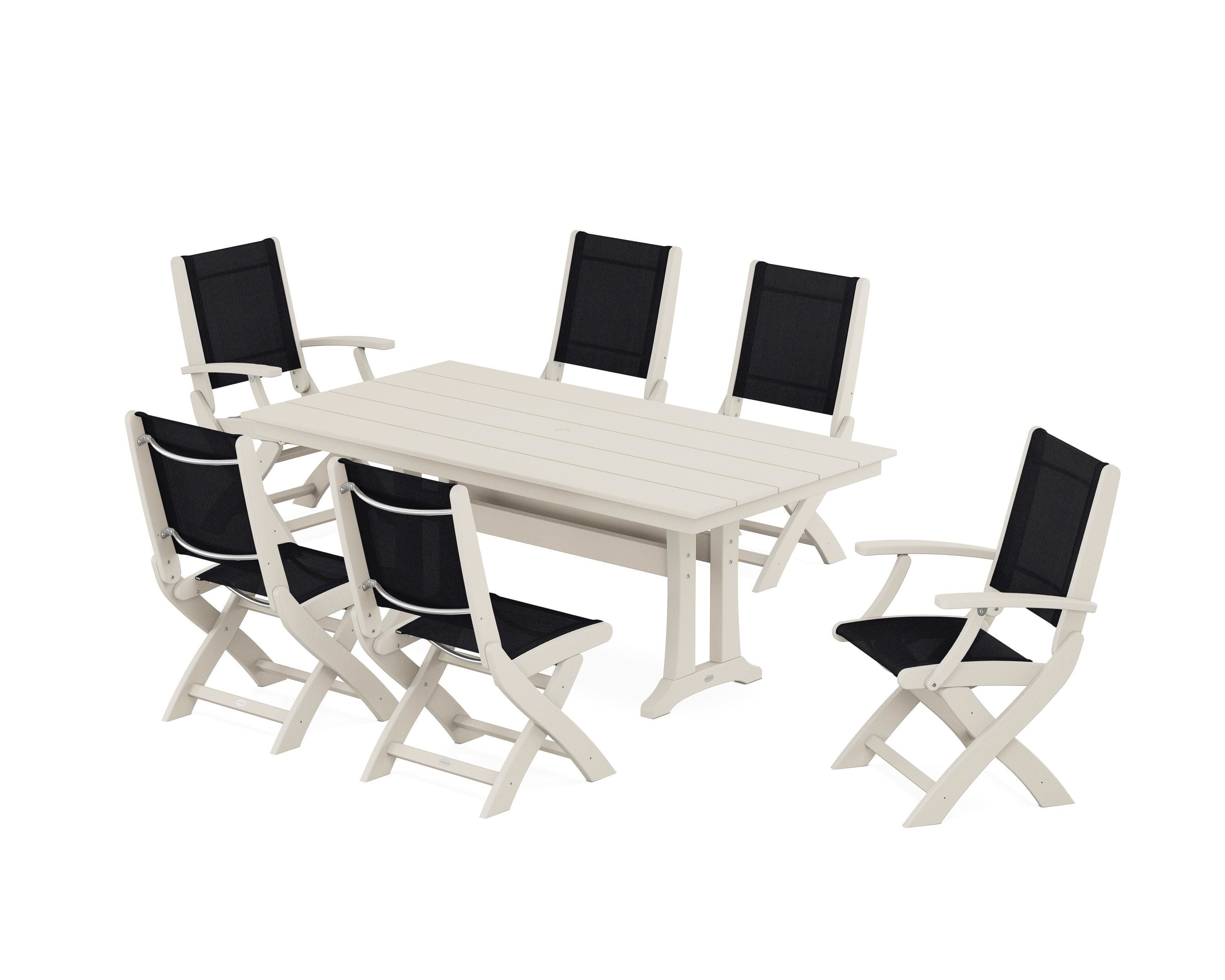 POLYWOOD Coastal Folding Chair 7-Piece Farmhouse Dining Set with Trestle Legs in Sand / Black Sling