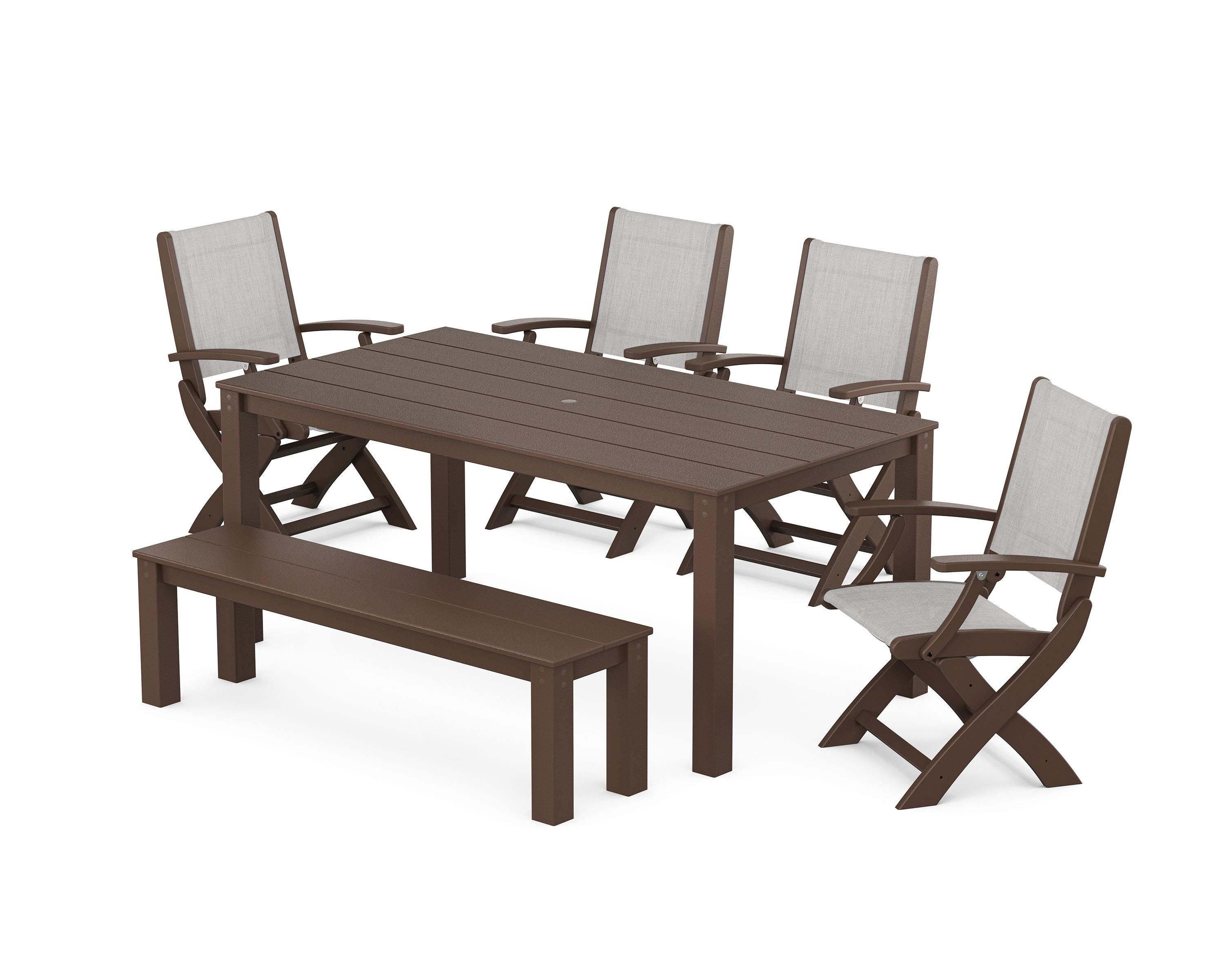 POLYWOOD Coastal Folding Chair 6-Piece Parsons Dining Set with Bench in Mahogany / Parchment Sling