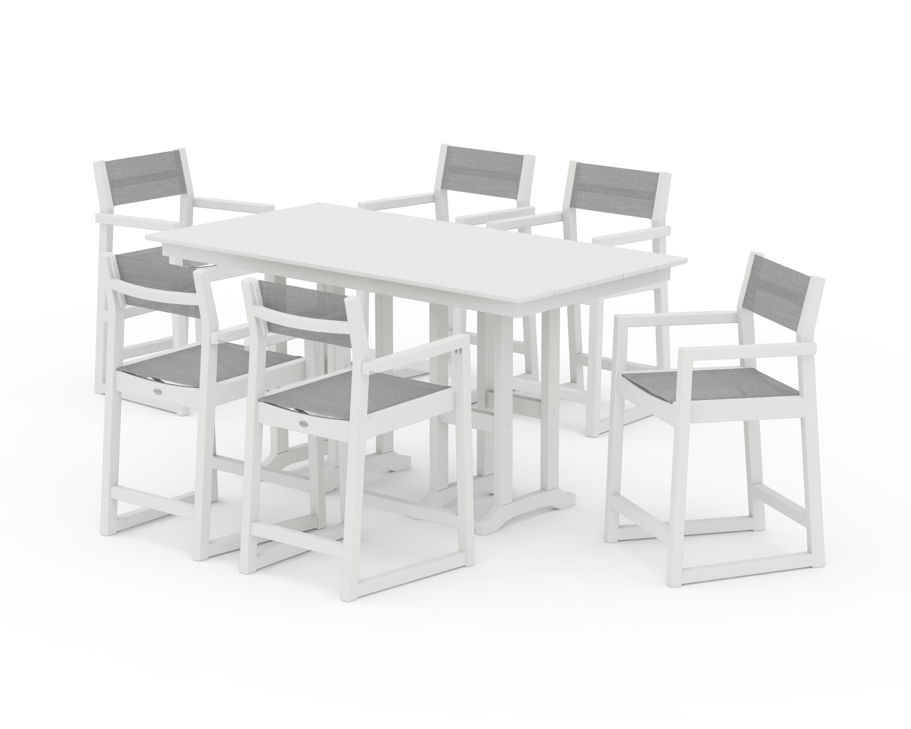 POLYWOOD EDGE Sling Arm Chair 7-Piece Farmhouse Counter Set in Vintage White / Metallic Sling