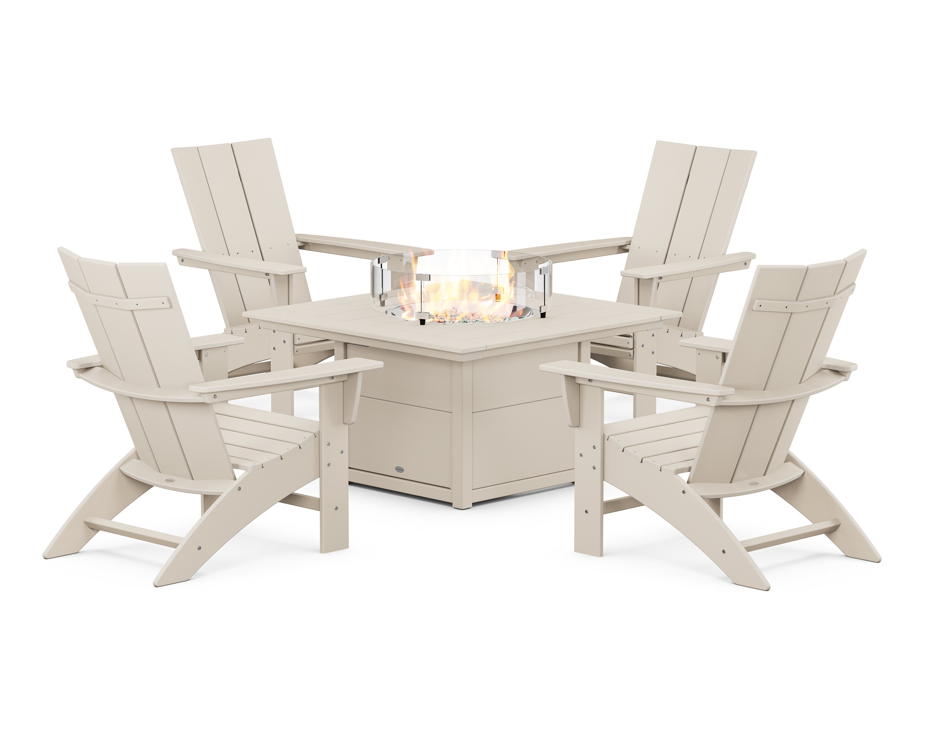 POLYWOOD® Modern Curveback Adirondack 5-Piece Conversation Set with Fire Pit Table in Sand