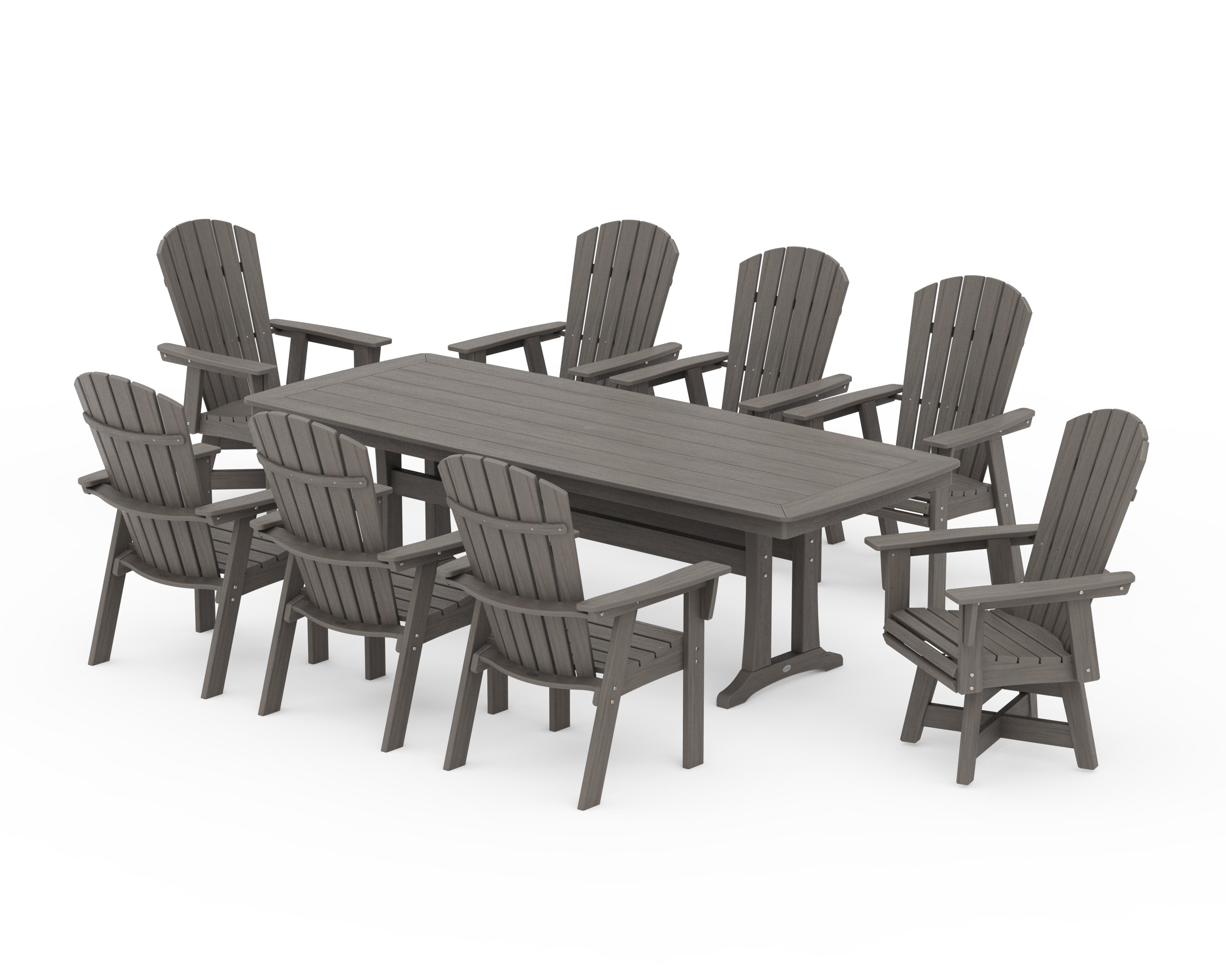 POLYWOOD Nautical Curveback Adirondack Swivel 9-Piece Dining Set with Trestle Legs in Driftwood