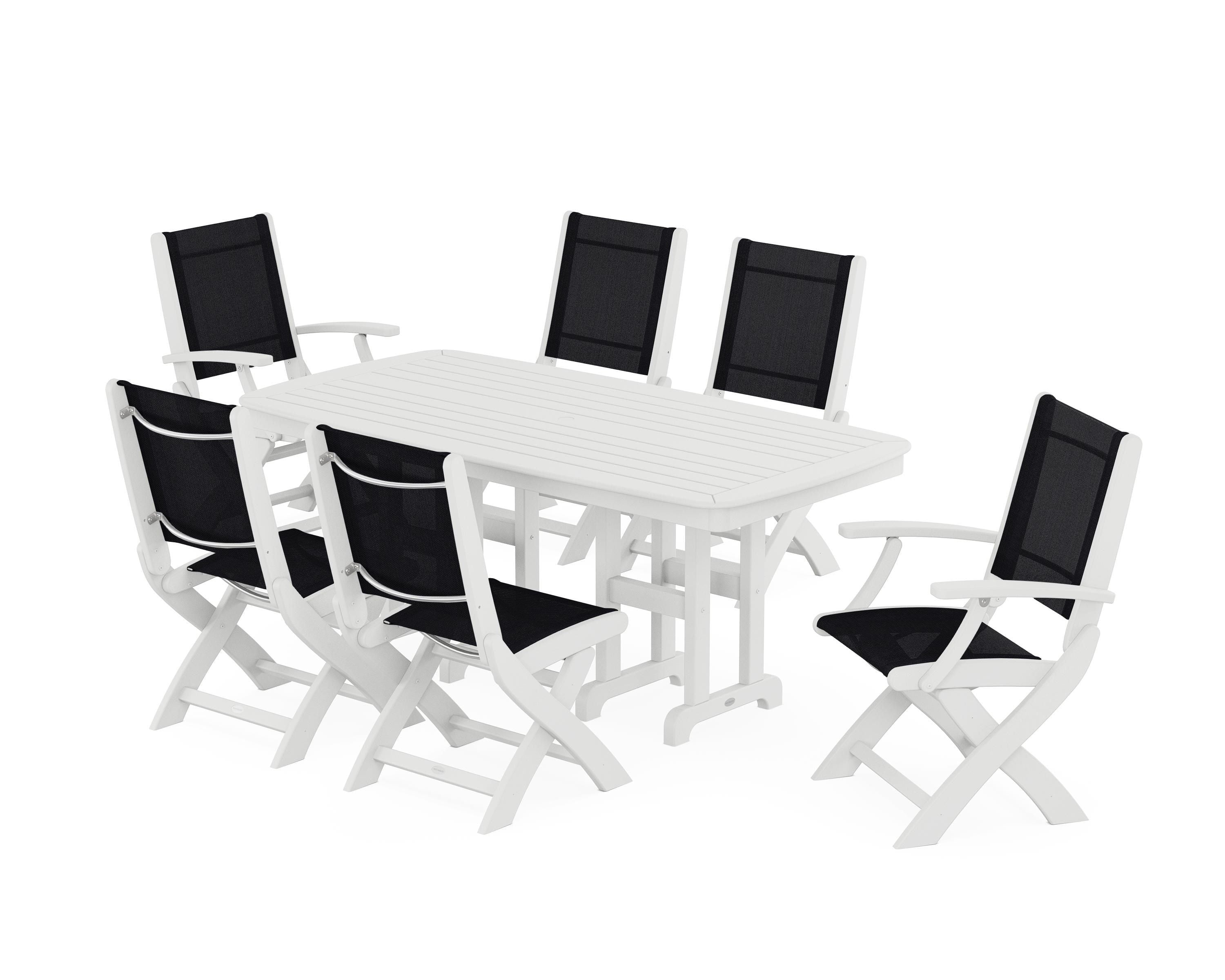 POLYWOOD Coastal Folding Chair 7-Piece Dining Set in White / Black Sling