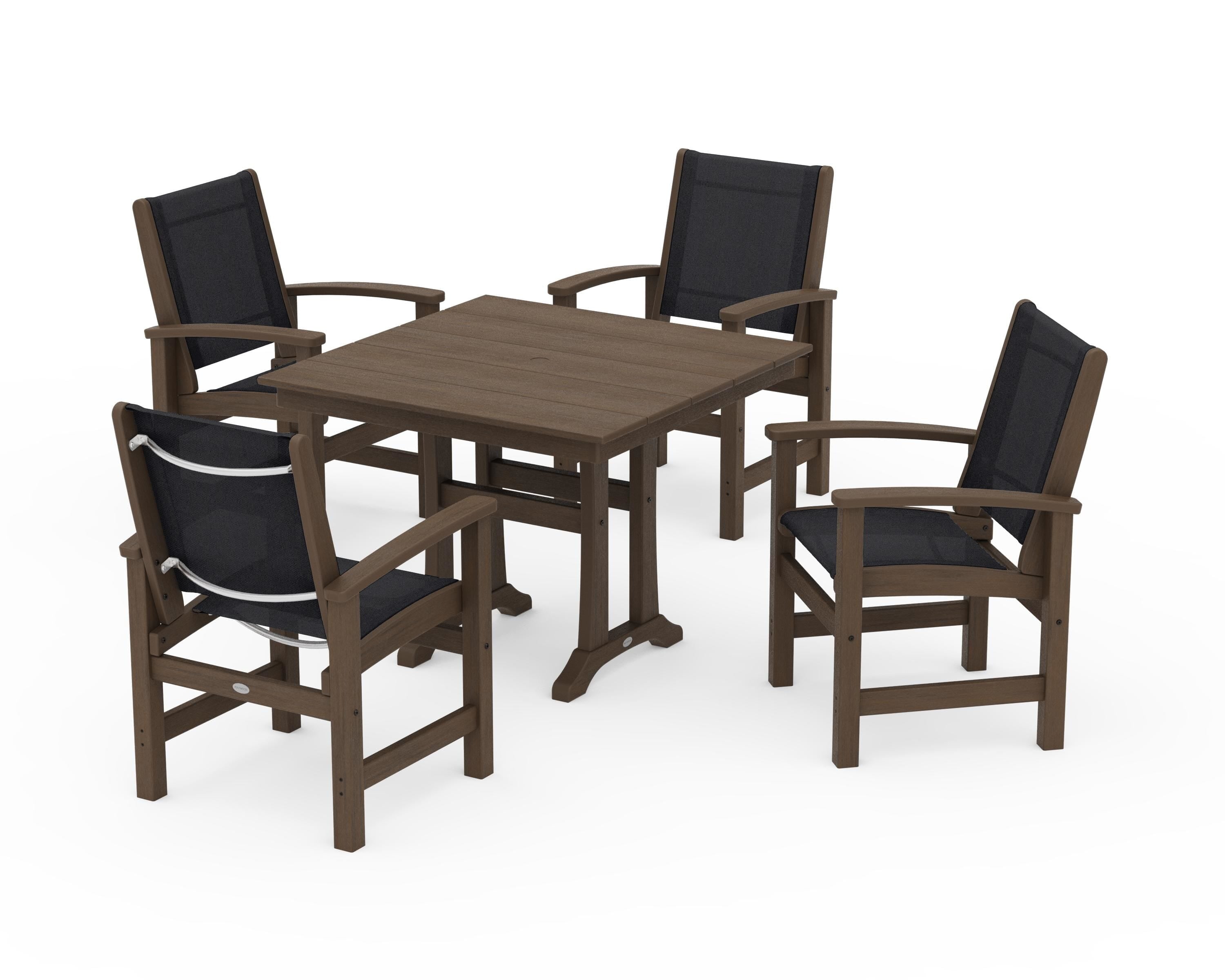 POLYWOOD Coastal 5-Piece Farmhouse Dining Set With Trestle Legs in Kona / Black Sling