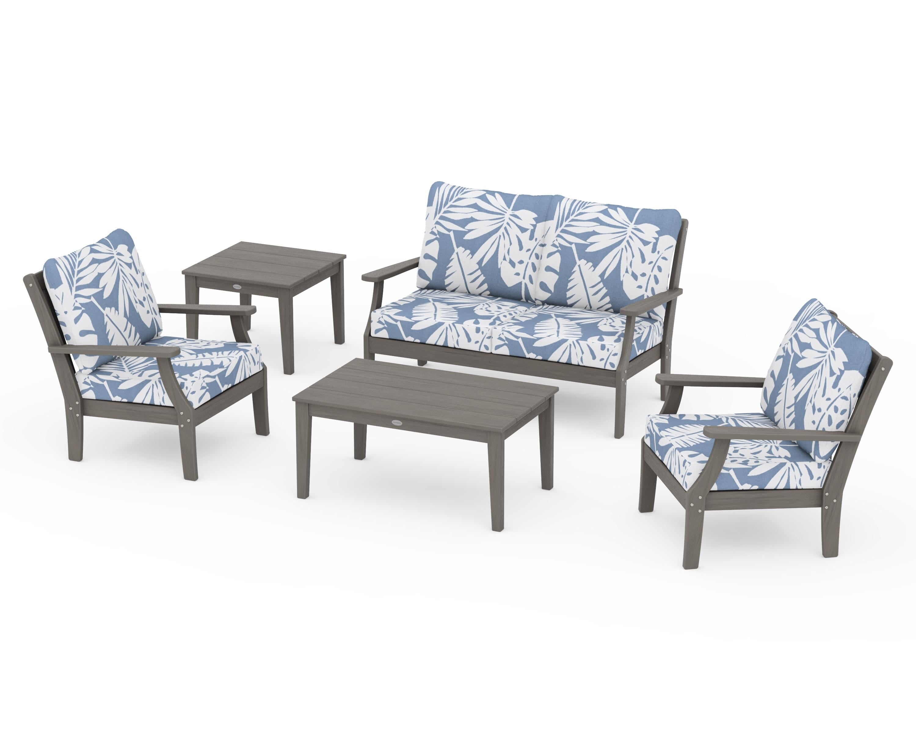POLYWOOD Braxton 5-Piece Deep Seating Set in Driftwood / Leaf Sky Blue