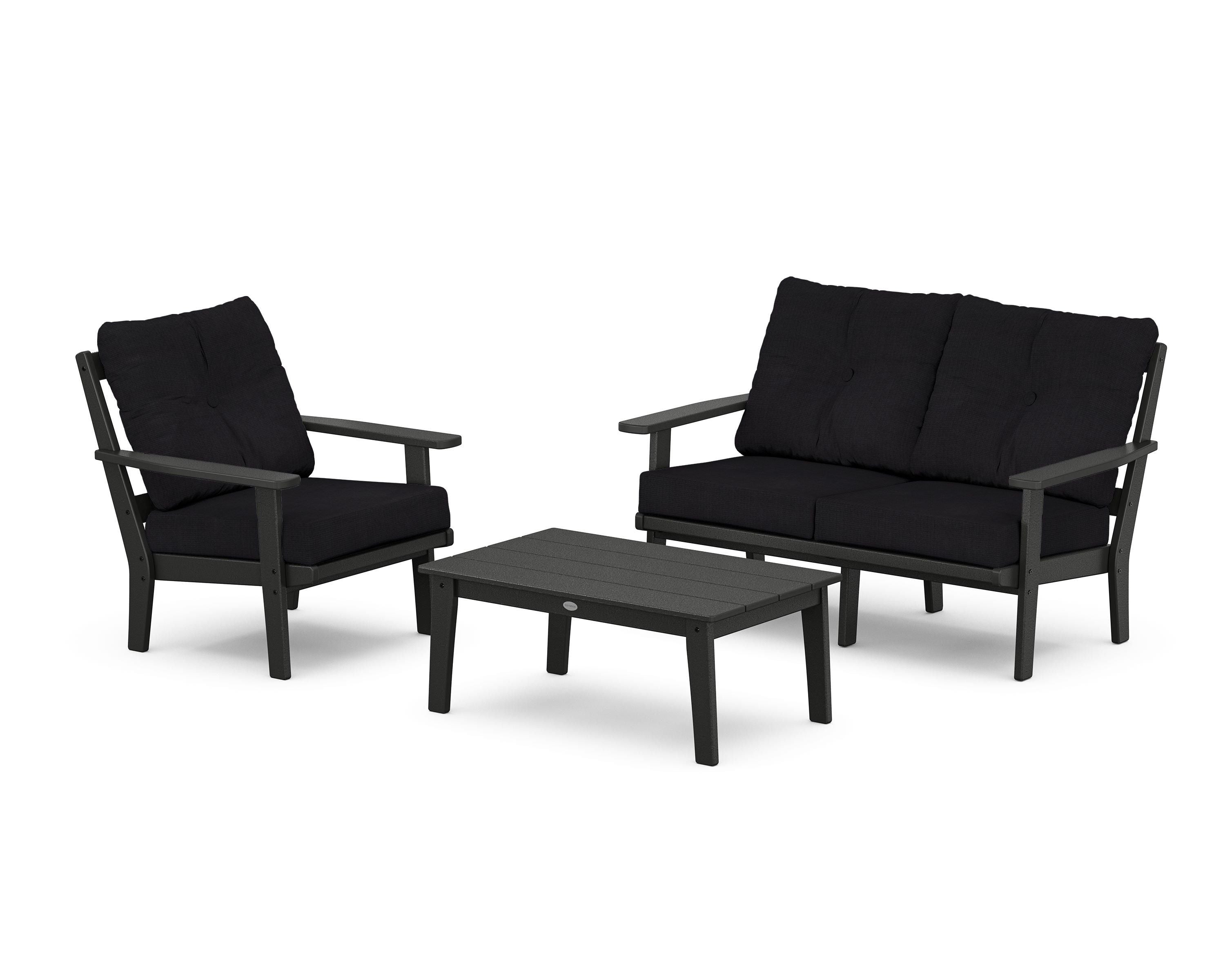 POLYWOOD Oxford 3-Piece Deep Seating Set with Loveseat in Black / Midnight Linen
