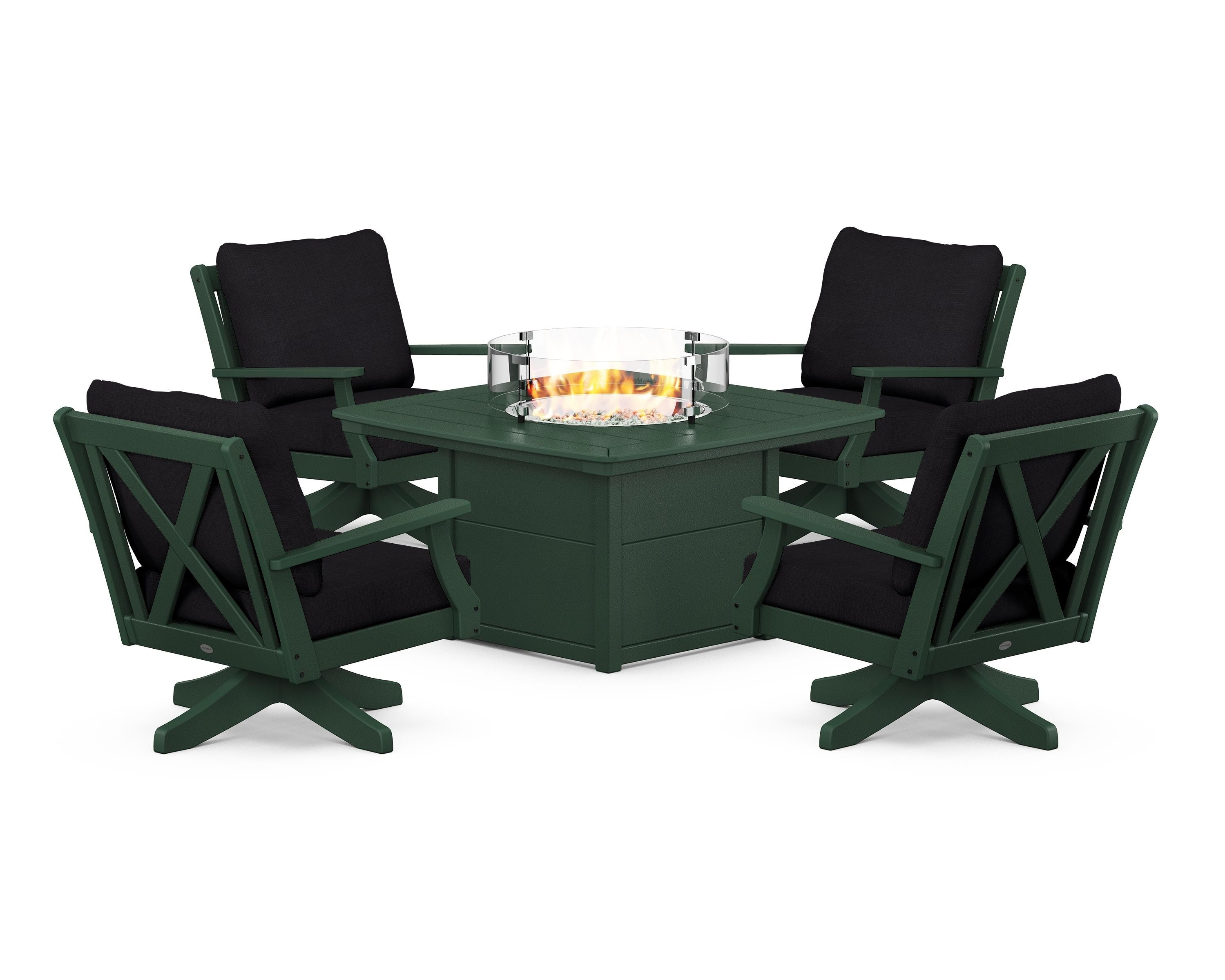 POLYWOOD Braxton 5-Piece Deep Seating Swivel Conversation Set with Fire Pit Table in Green / Midnight Linen