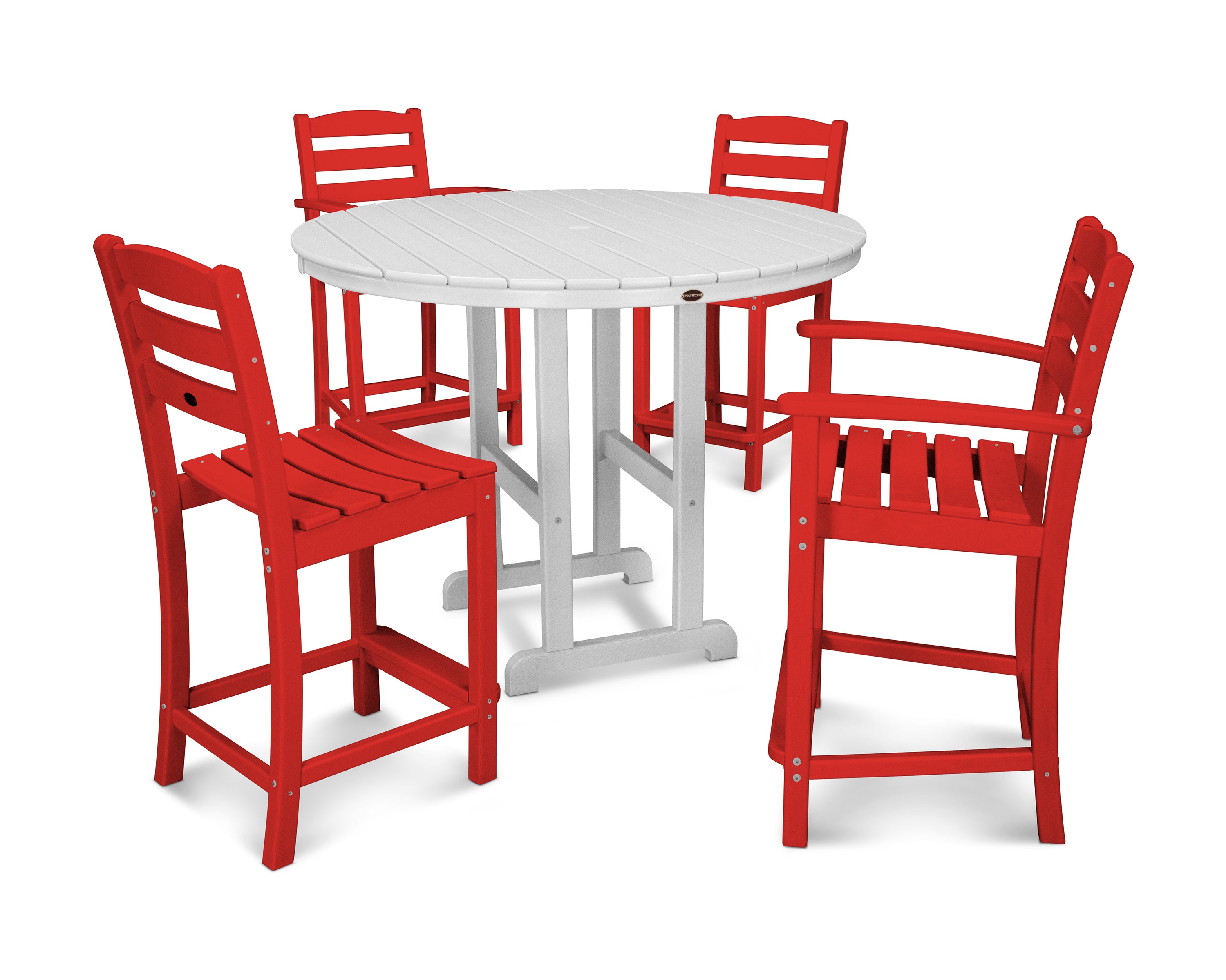 POLYWOOD® La Casa Café 5-Piece Round Farmhouse Counter Dining Set in Sunset Red / White