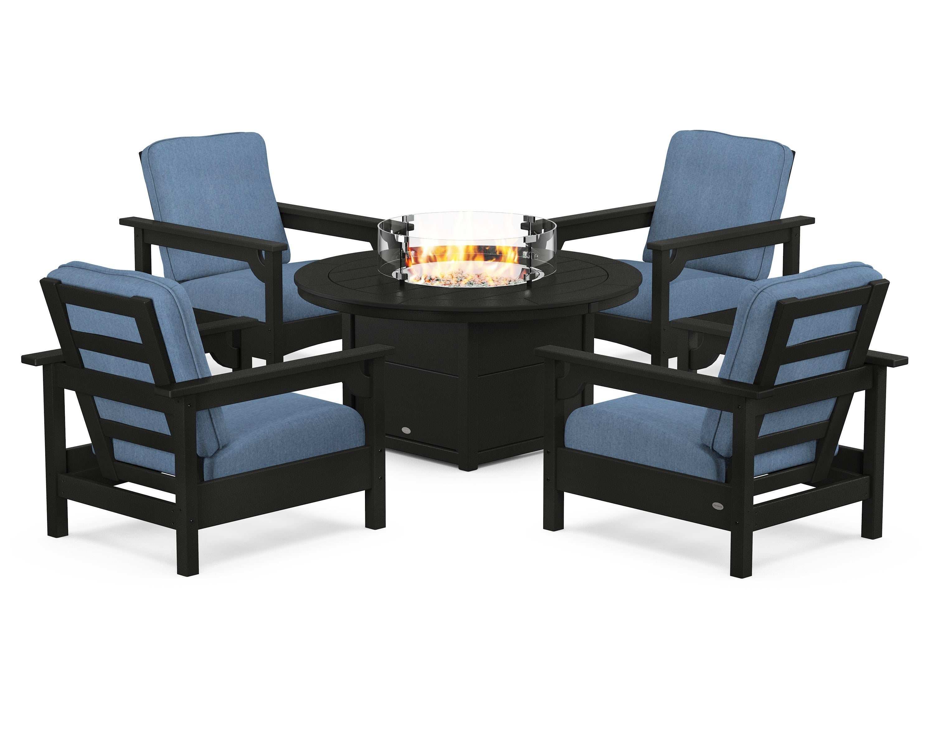 POLYWOOD Club 5-Piece Conversation Set with Fire Pit Table in Black / Sky Blue