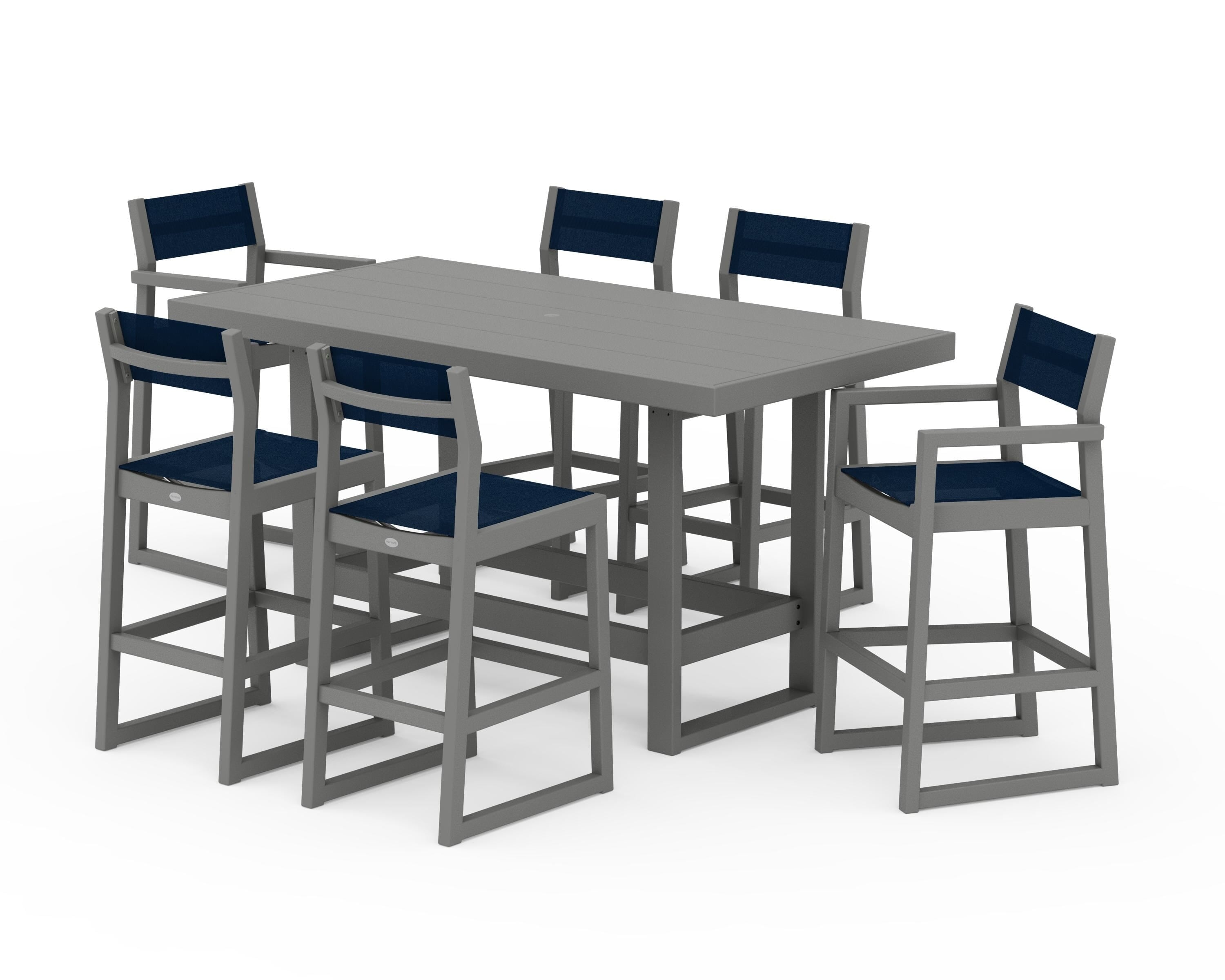 POLYWOOD EDGE Sling 7-Piece Bar Table Set in Slate Grey / Navy Blue Sling