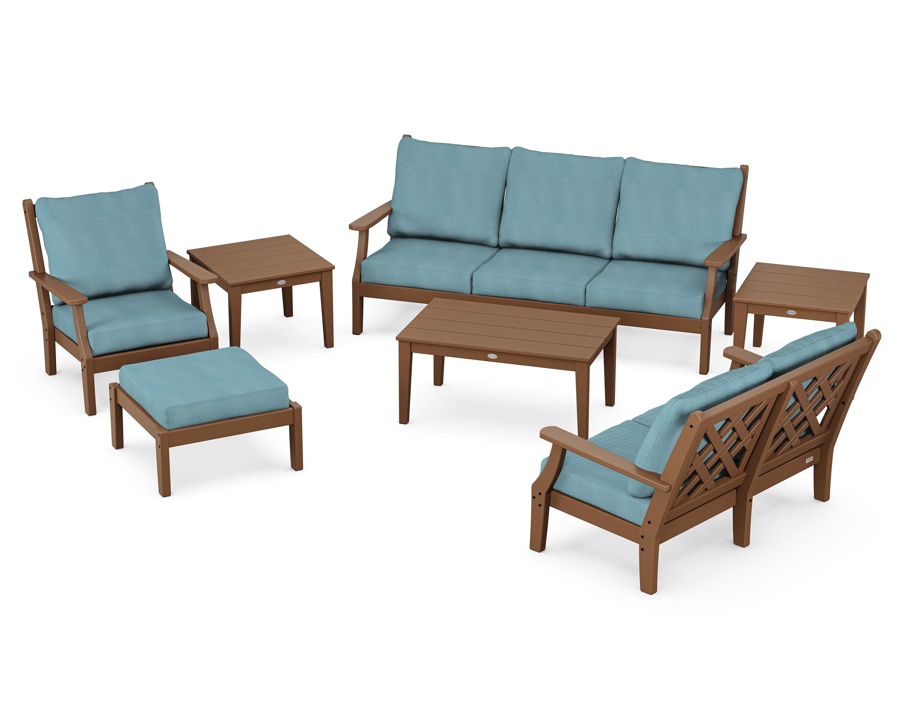 Country Living Wovendale 7-Piece Deep Seating Set in Teak / Lattice Sky Blue