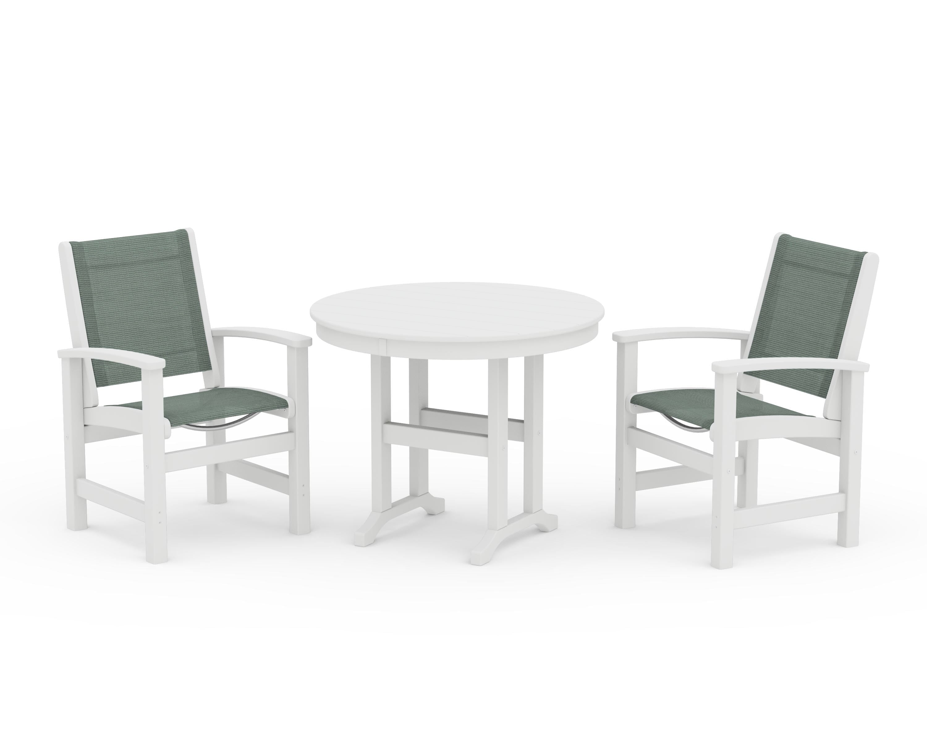 POLYWOOD Coastal 3-Piece Round Dining Set in White / Dupioni Sea Mist Sling