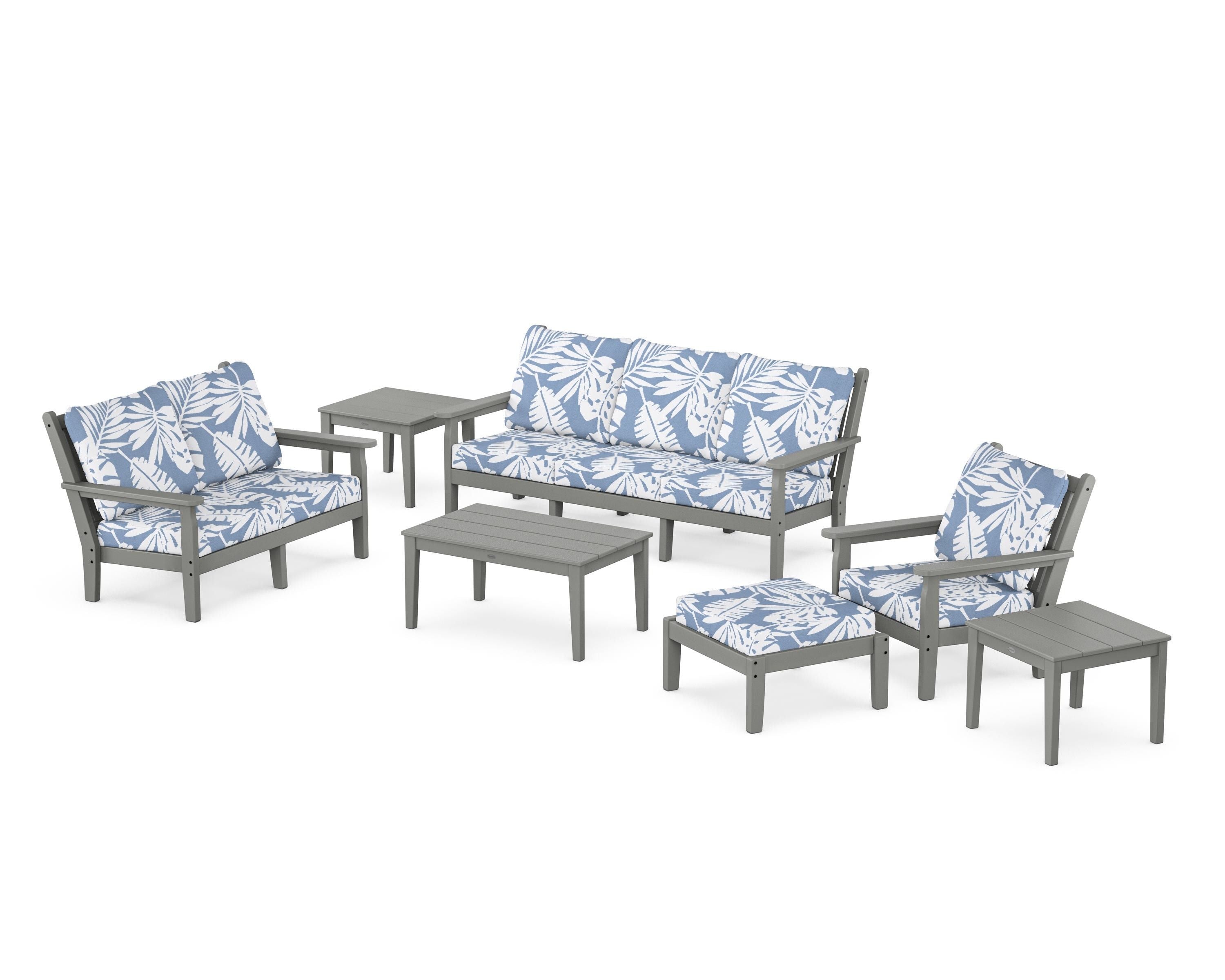 POLYWOOD Chippendale 7-Piece Deep Seating Set in Slate Grey / Leaf Sky Blue