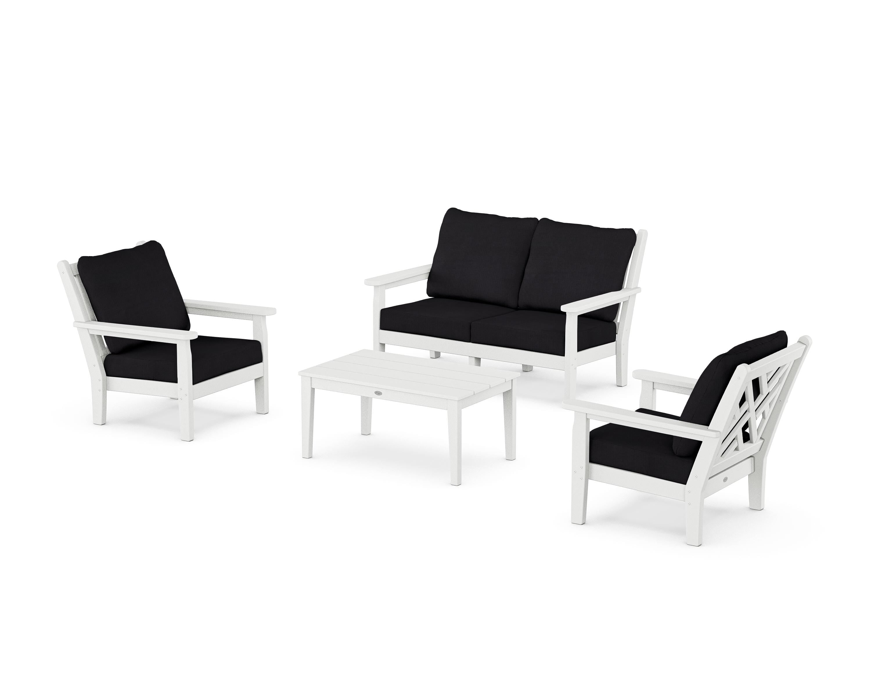 POLYWOOD Chippendale 4-Piece Deep Seating Set with Loveseat in White / Midnight Linen