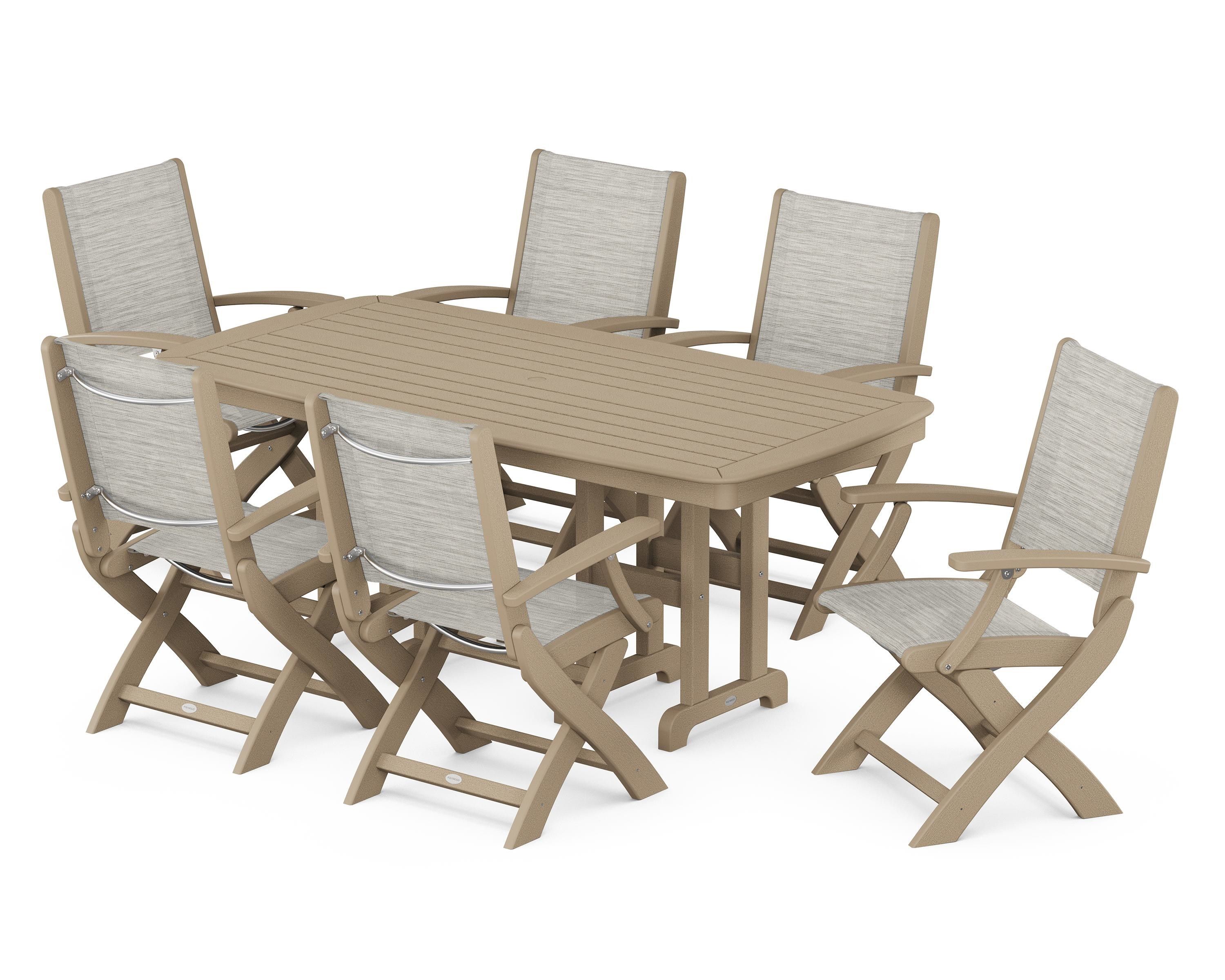 POLYWOOD Coastal Folding Arm Chair 7-Piece Dining Set in Vintage Sahara / Birch Sling