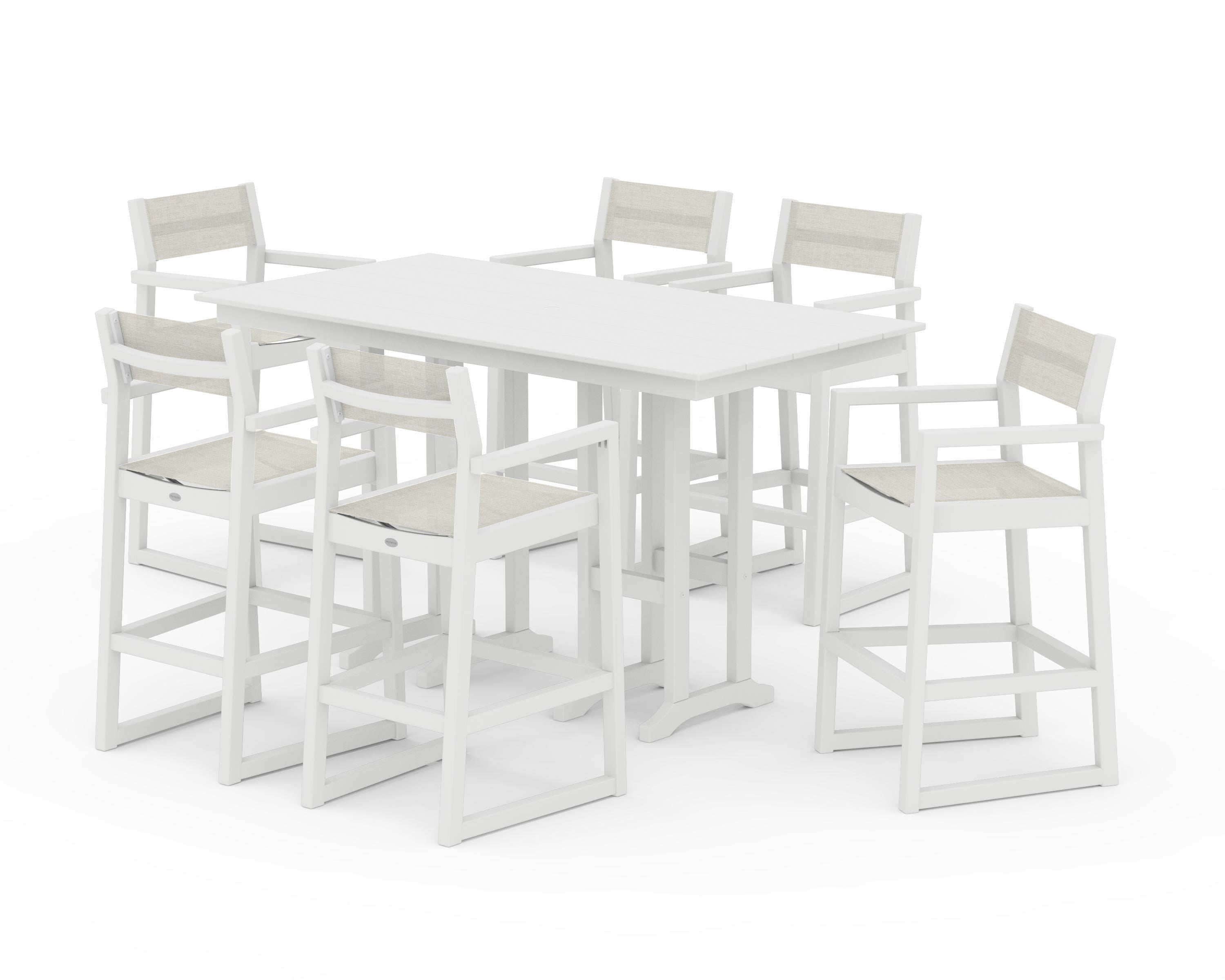 POLYWOOD EDGE Sling Arm Chair 7-Piece Farmhouse Bar Set in White / Parchment Sling
