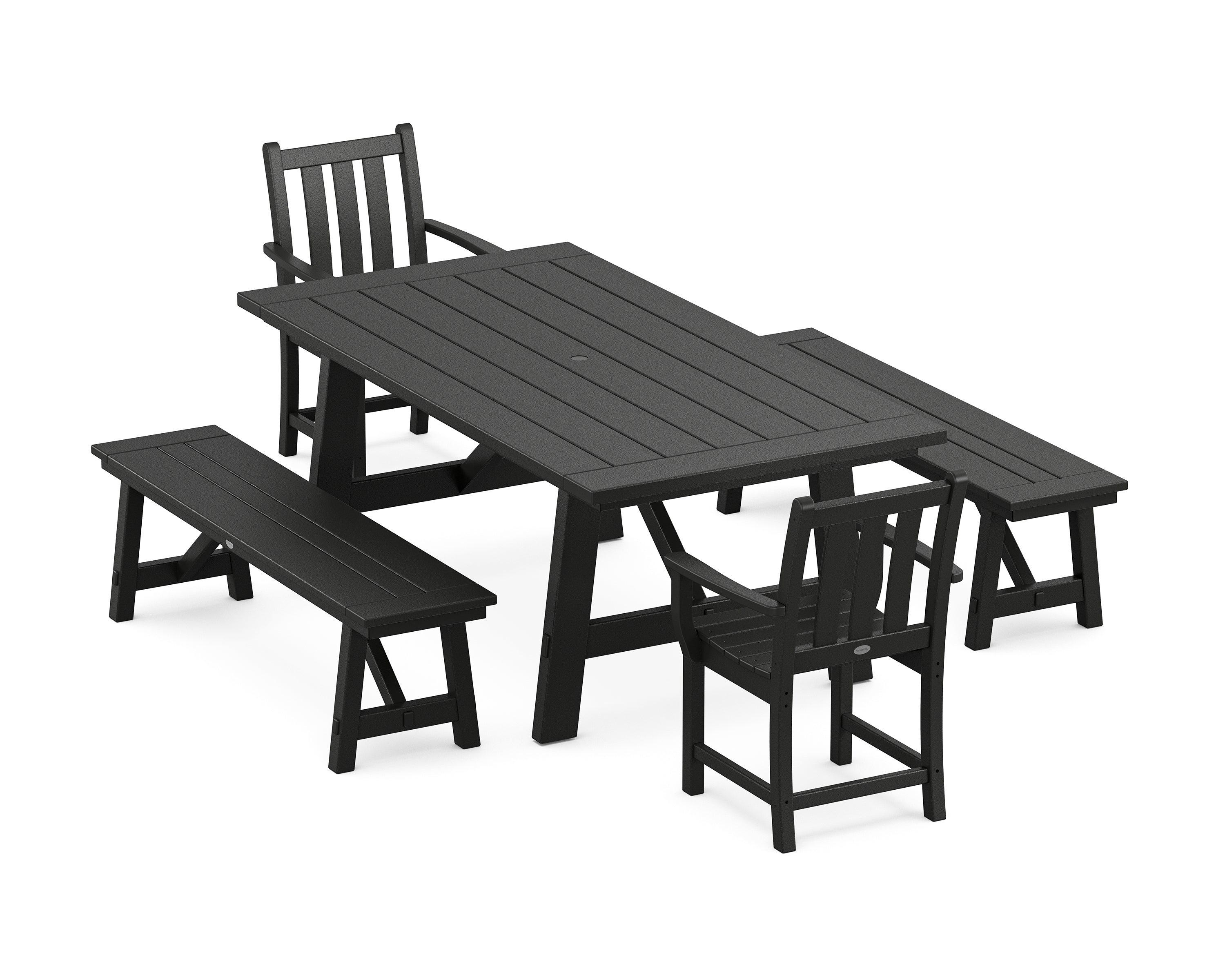 POLYWOOD® Traditional Garden 5-Piece Rustic Farmhouse Dining Set With Benches in Black