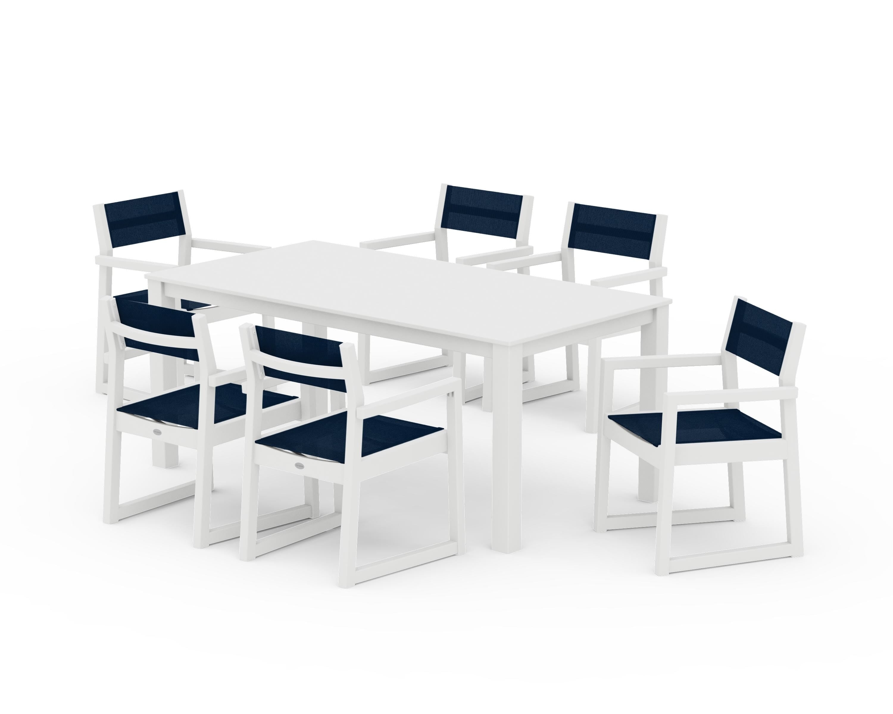 POLYWOOD EDGE Sling Arm Chair 7-Piece Parsons Dining Set in White / Navy Blue Sling