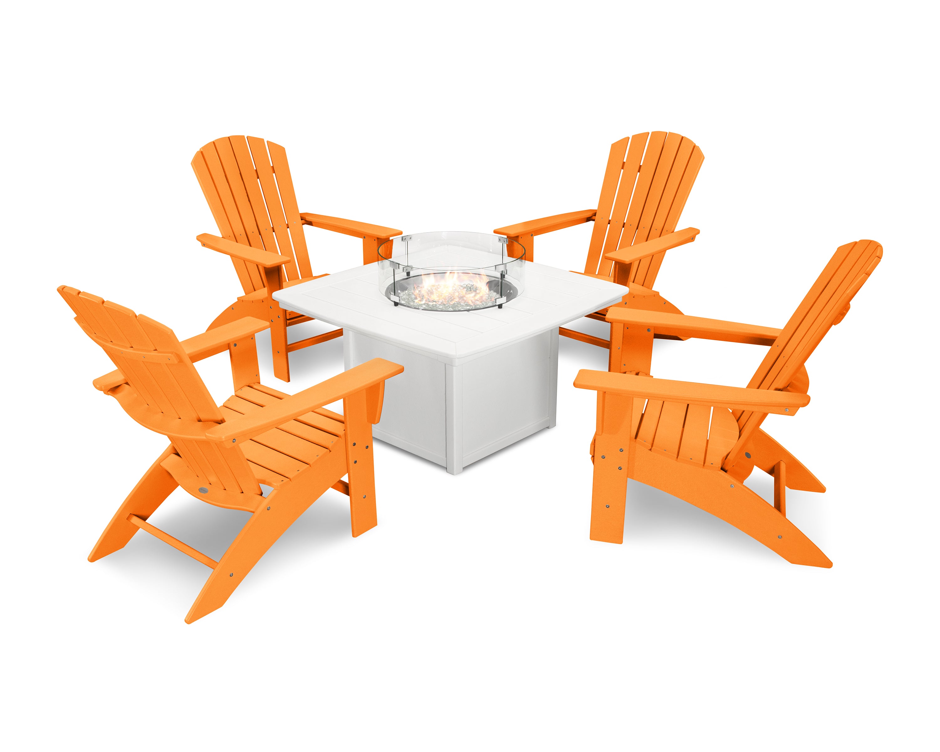 POLYWOOD® Nautical Curveback Adirondack 5-Piece Conversation Set with Fire Pit Table in Tangerine / White