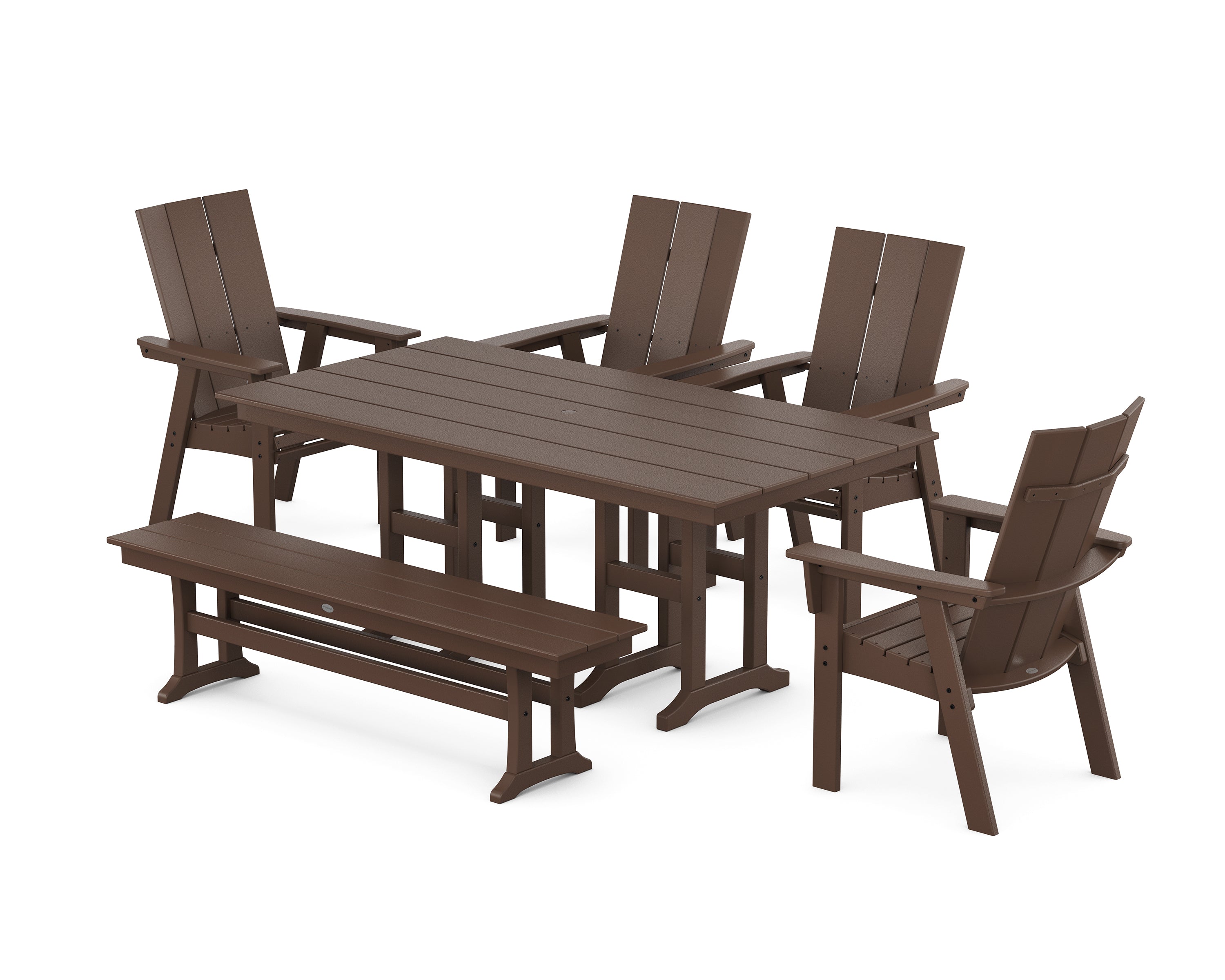 POLYWOOD Modern Curveback Adirondack 6-Piece Farmhouse Dining Set with Bench in Mahogany
