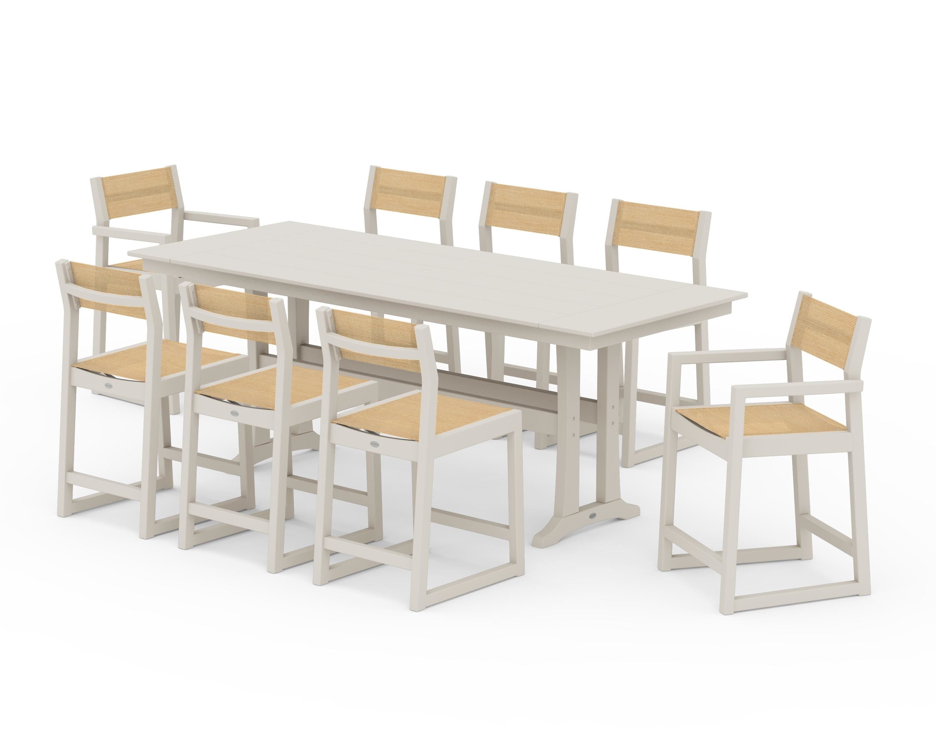 POLYWOOD EDGE Sling 9-Piece Farmhouse Counter Set with Trestle Legs in Sand / Dupioni Apricot Sling