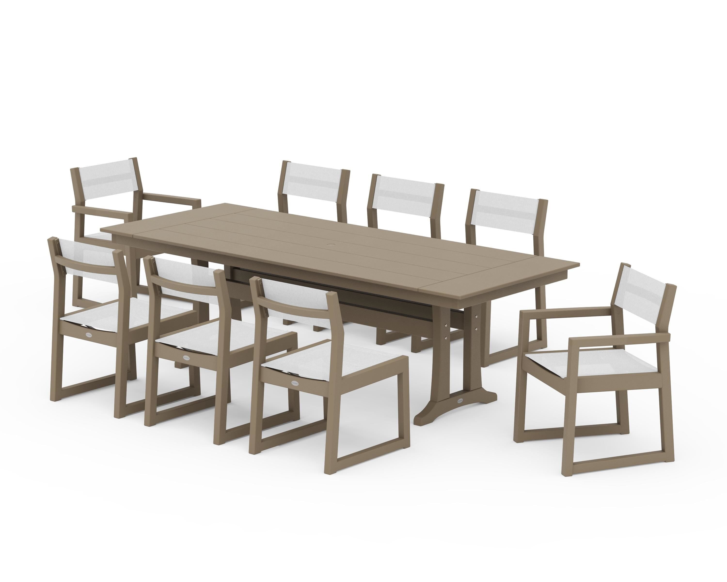 POLYWOOD EDGE Sling 9-Piece Farmhouse Trestle Dining Set in Vintage Sahara / White Sling