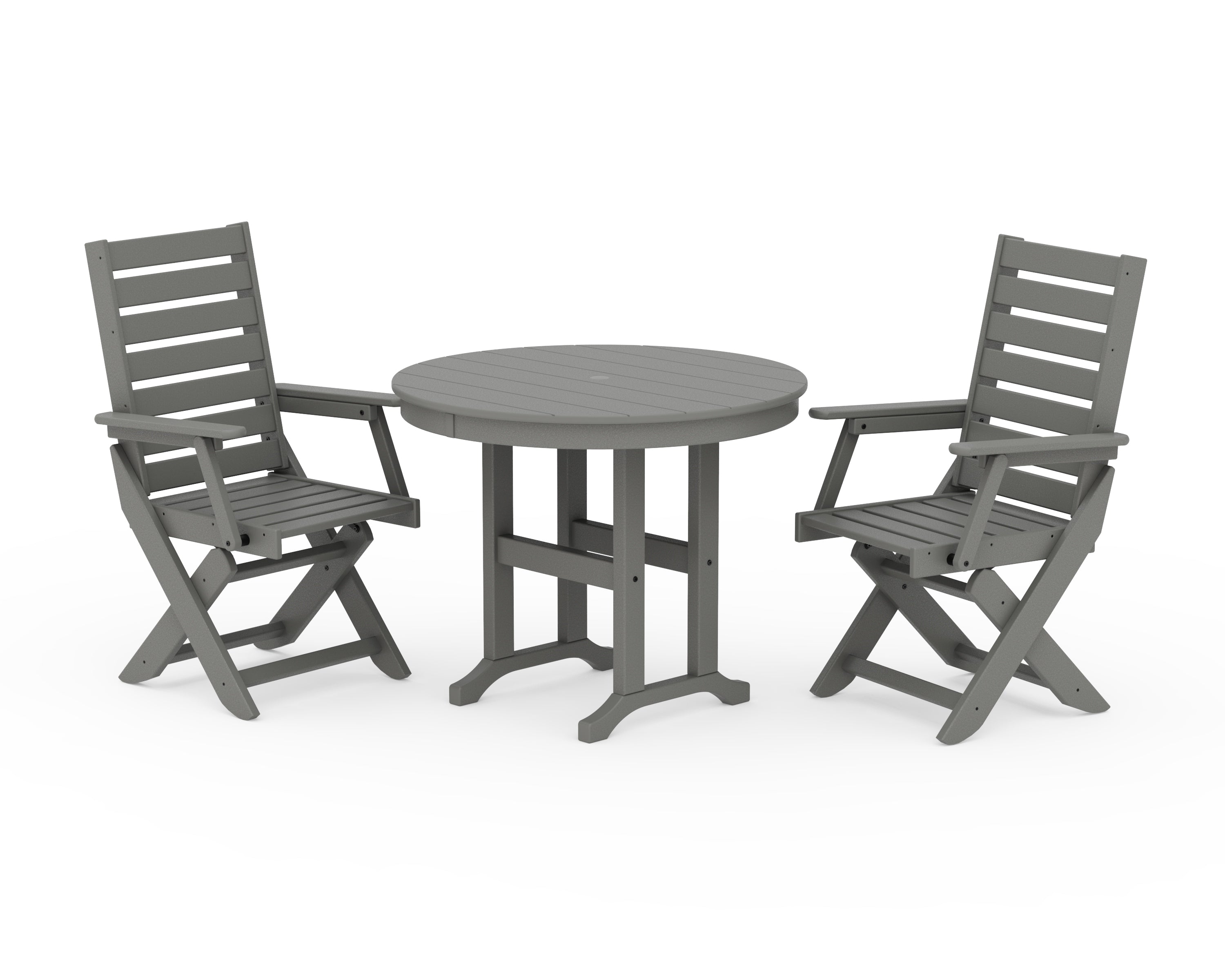 POLYWOOD Captain Folding Chair 3-Piece Round Dining Set in Slate Grey