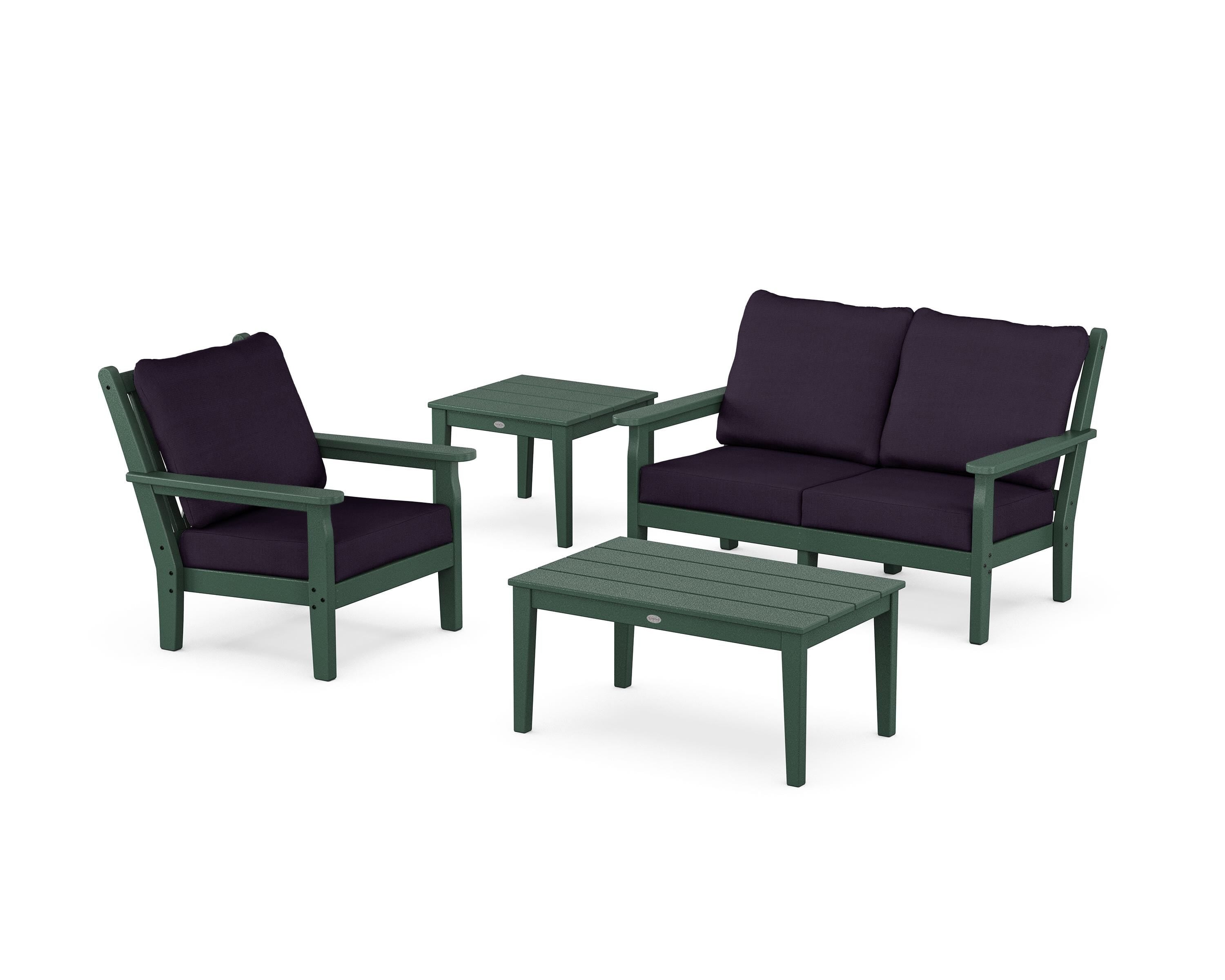 POLYWOOD Chippendale 4-Piece Deep Seating Set in Green / Navy Linen