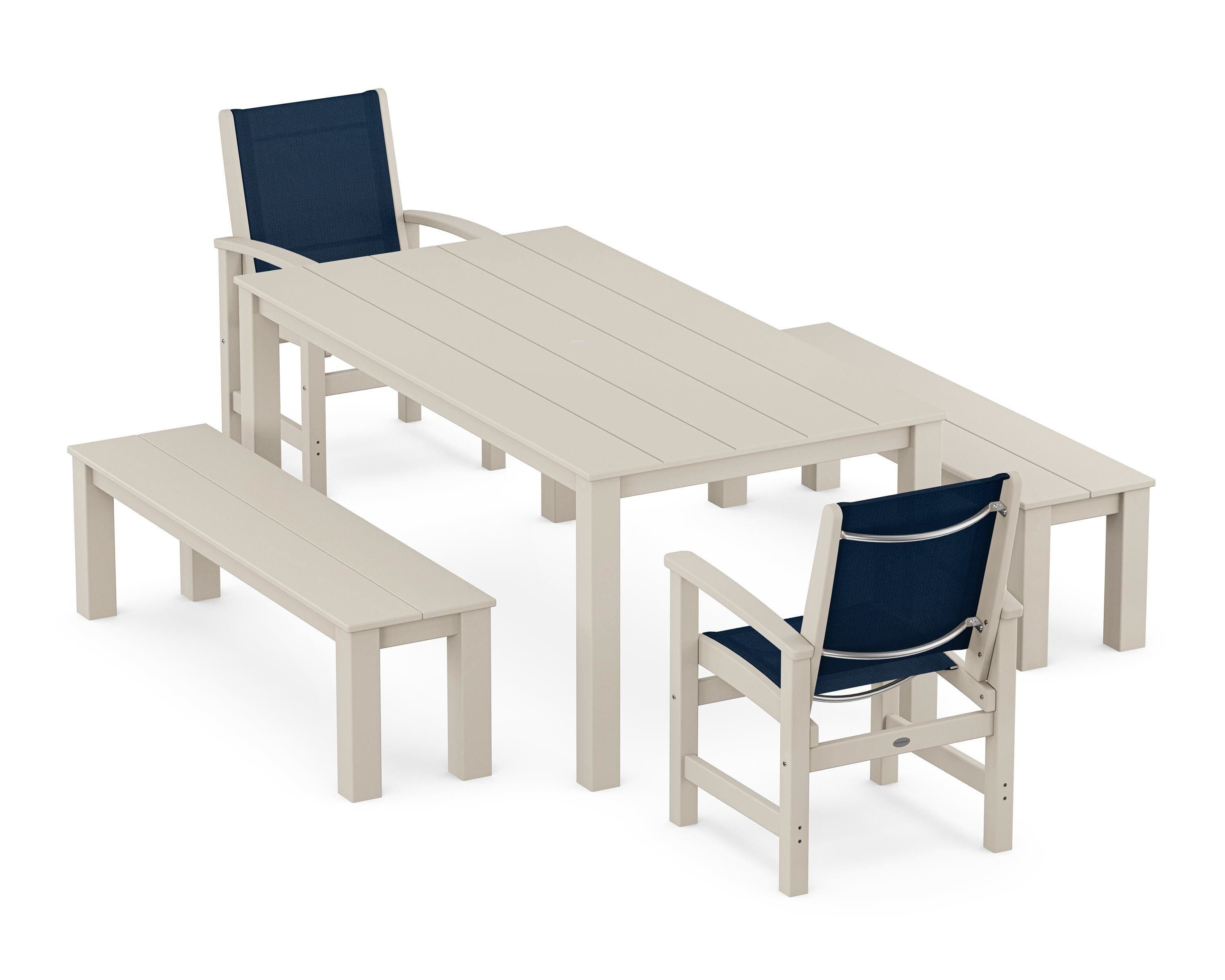 POLYWOOD Coastal 5-Piece Parsons Dining Set with Benches in Sand / Navy Blue Sling
