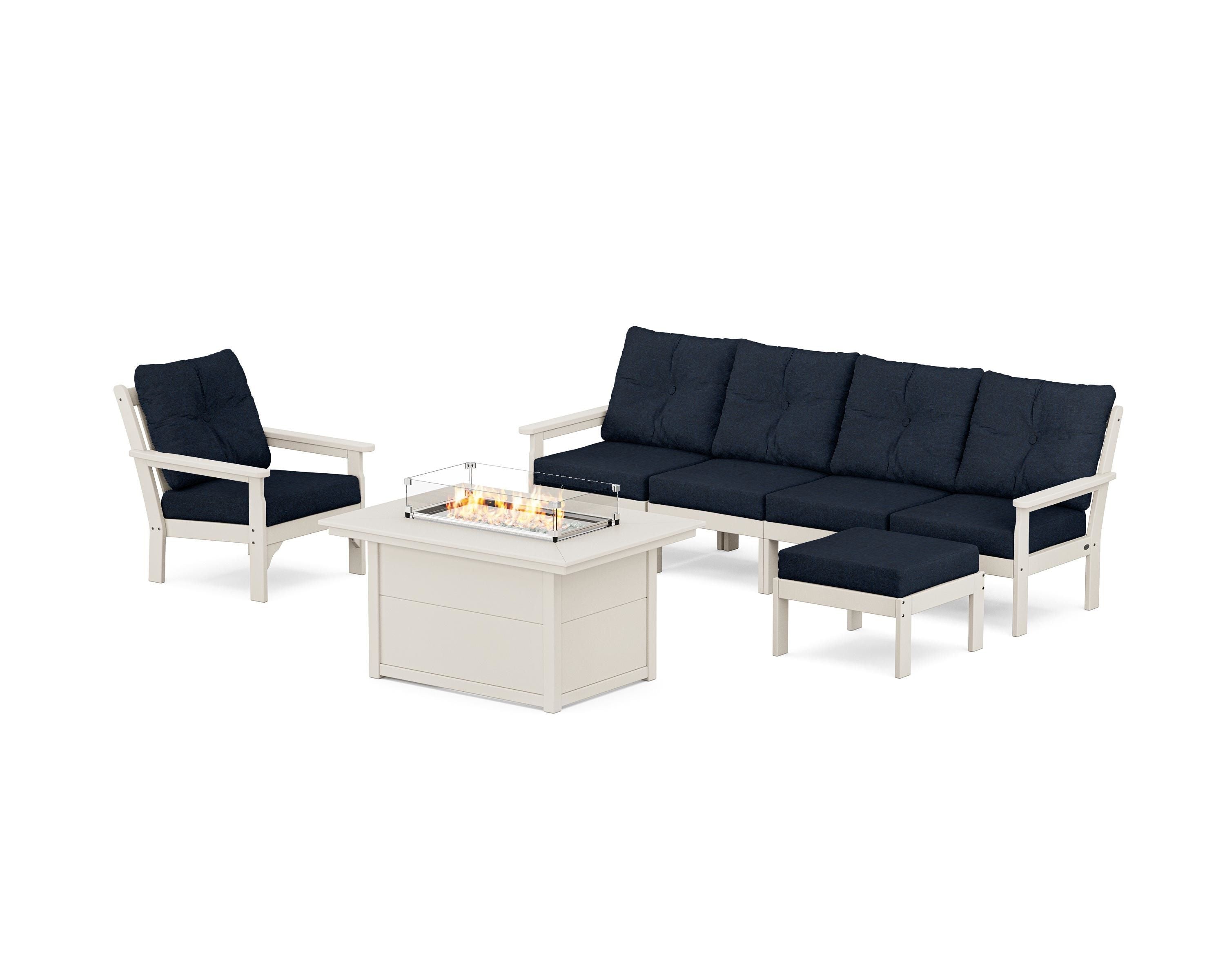 POLYWOOD Vineyard Sectional Lounge and Fire Pit Set in Sand / Marine Indigo