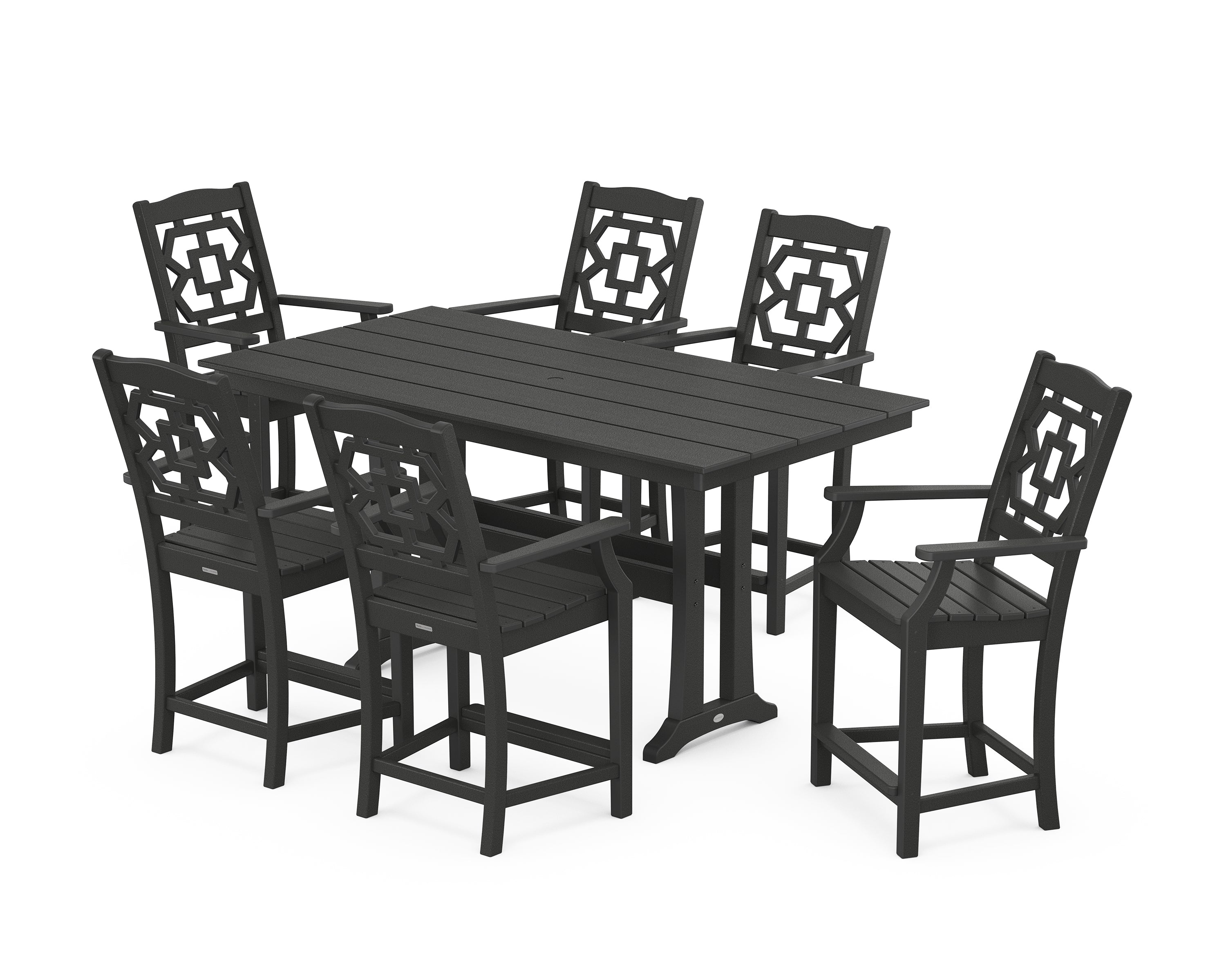 Martha Stewart by POLYWOOD® Chinoiserie Arm Chair 7-Piece Farmhouse Counter Set with Trestle Legs in Black