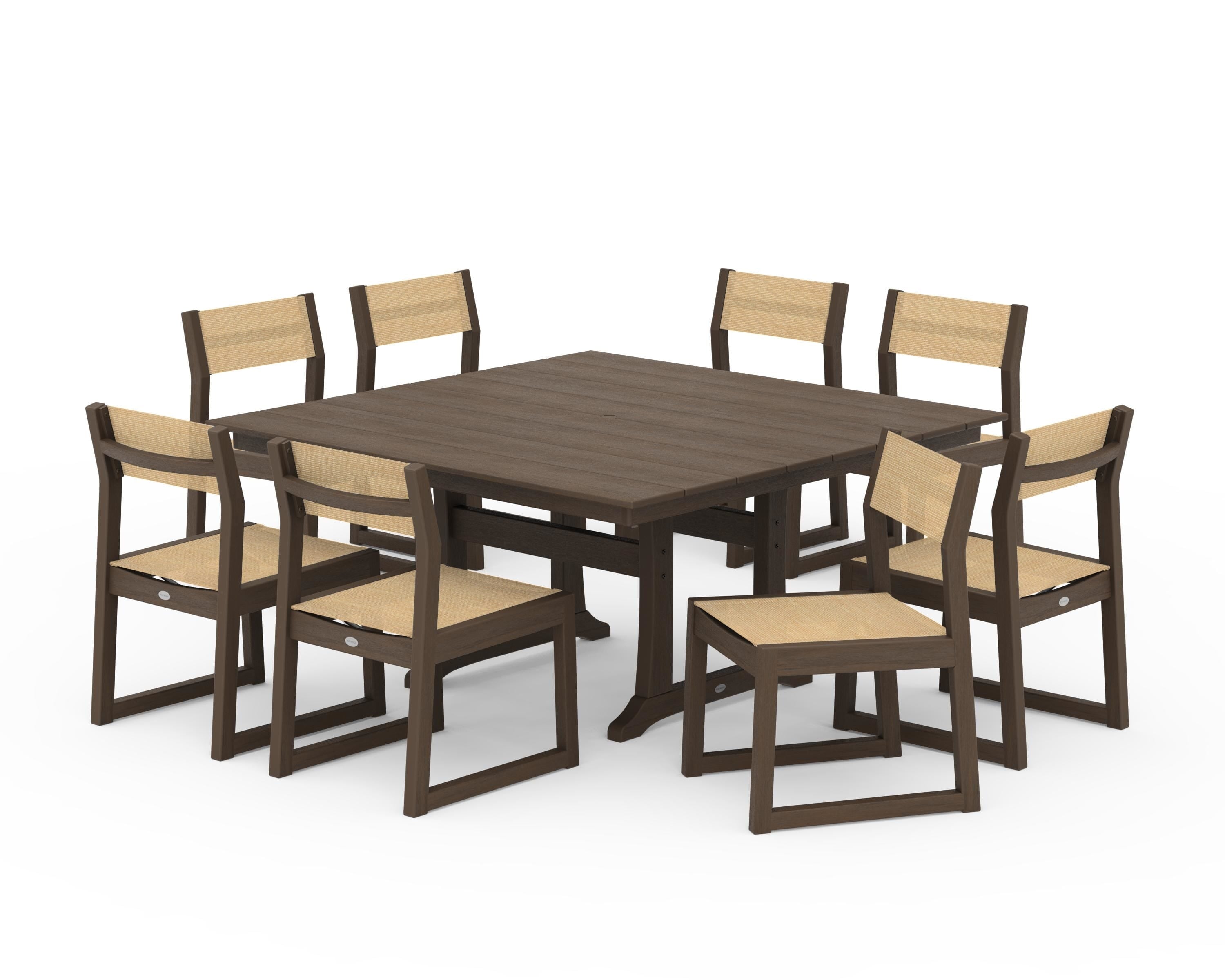 POLYWOOD EDGE Sling Side Chair 9-Piece Farmhouse Trestle Dining Set in Kona / Dupioni Apricot Sling