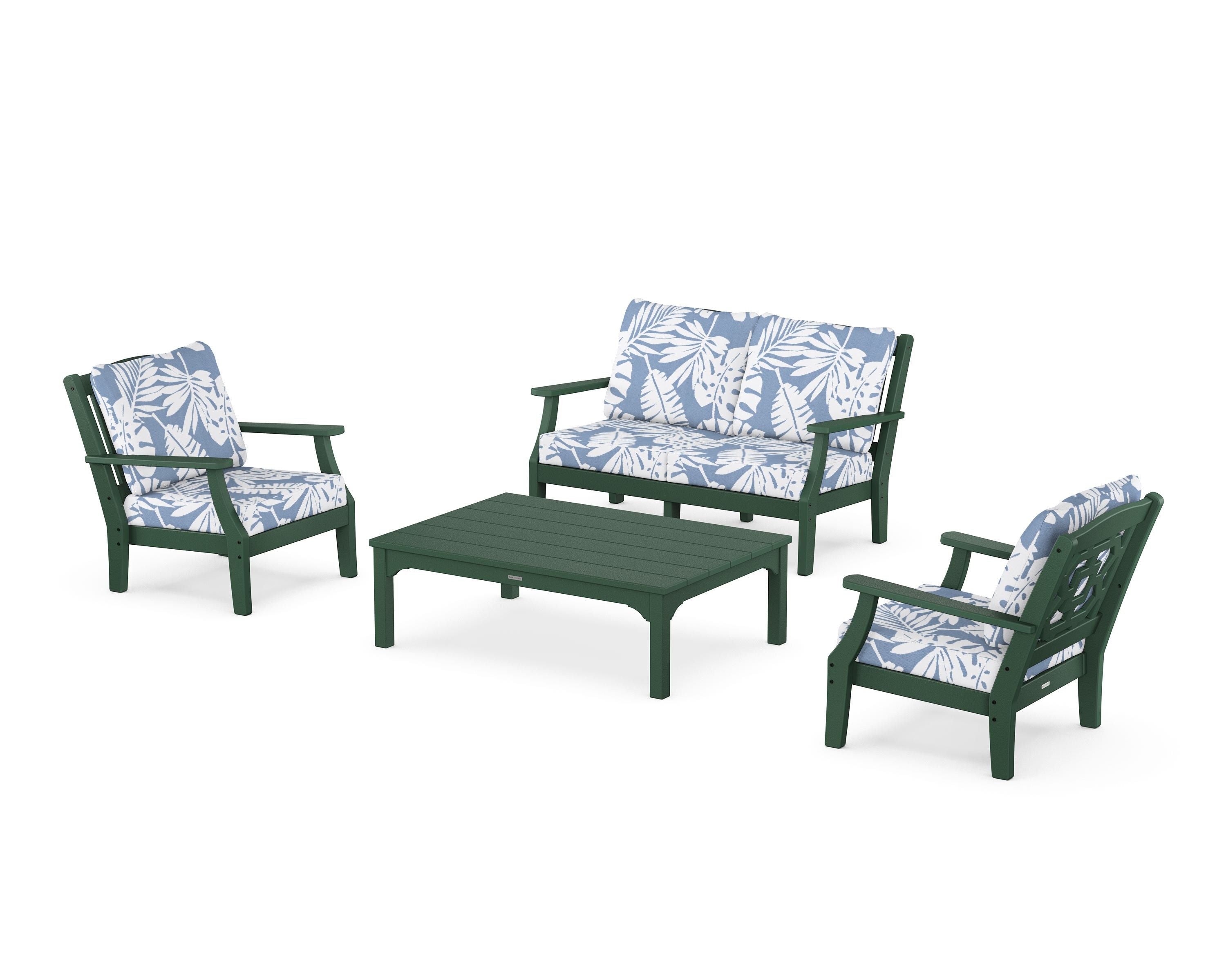 Martha Stewart by POLYWOOD Chinoiserie 4-Piece Deep Seating Set with Loveseat in Green / Leaf Sky Blue