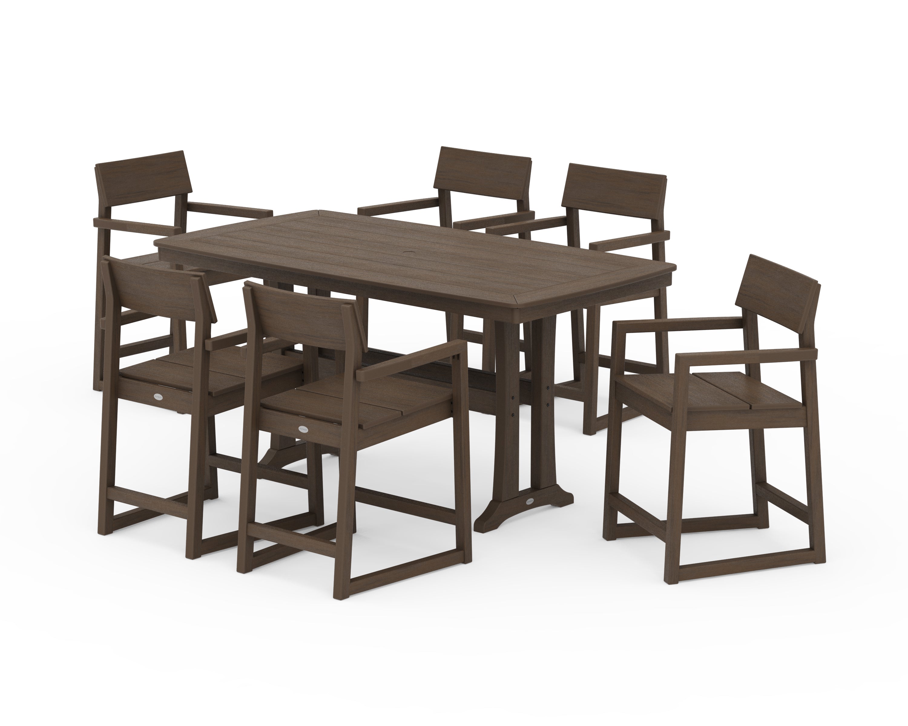 POLYWOOD EDGE Arm Chair 7-Piece Counter Set with Trestle Legs in Kona