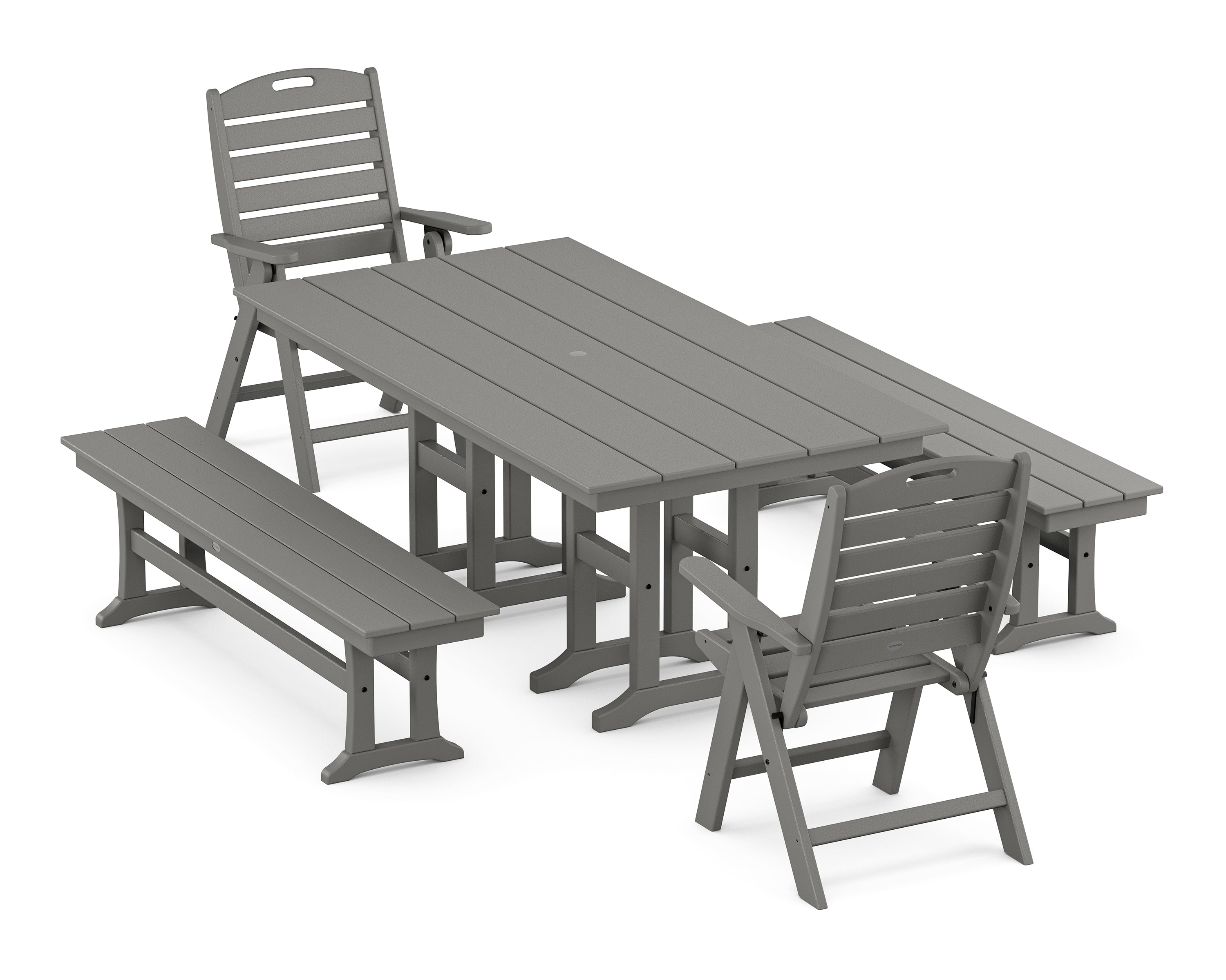 POLYWOOD Nautical Highback 5-Piece Farmhouse Dining Set with Benches in Slate Grey