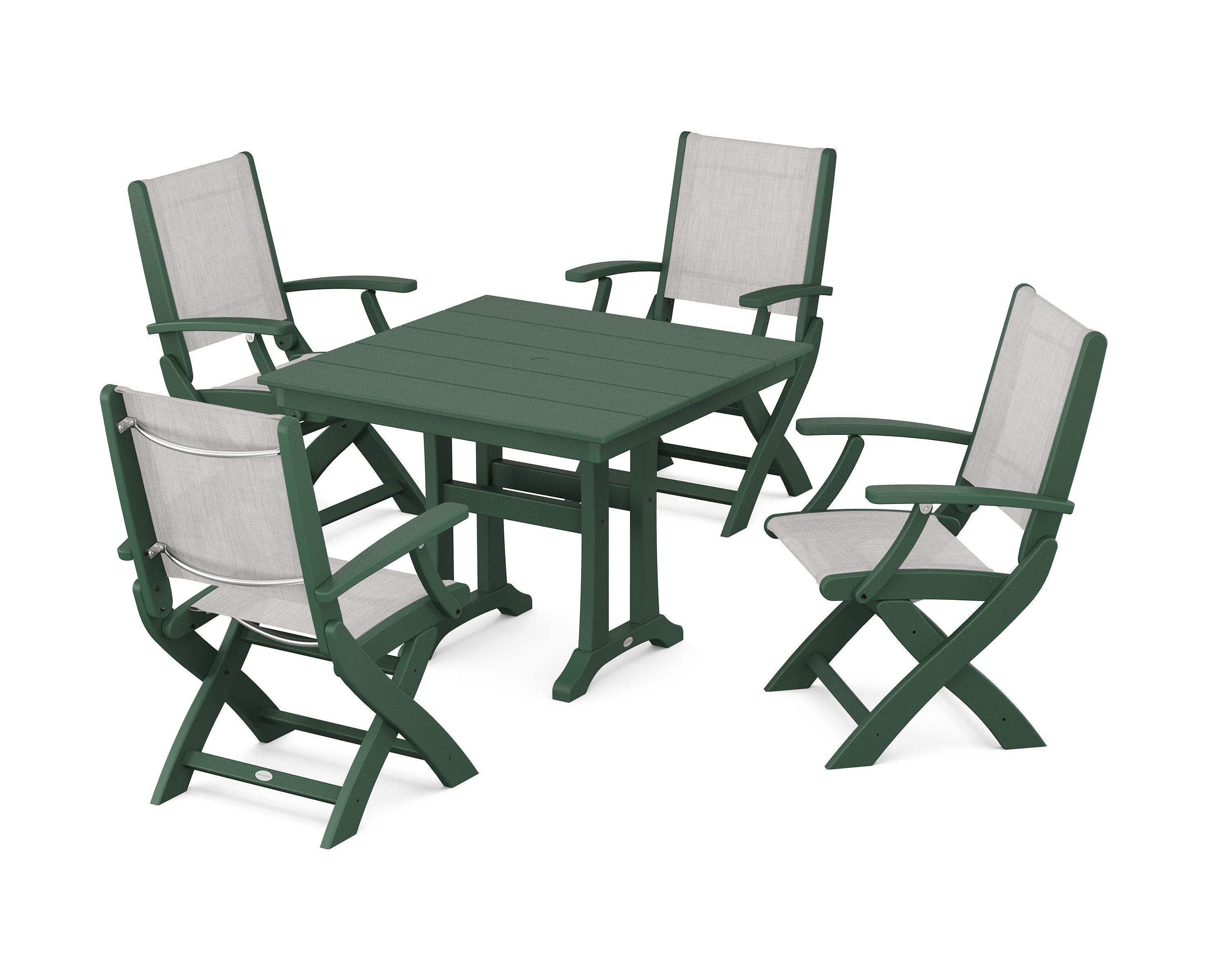POLYWOOD Coastal Folding Chair 5-Piece Farmhouse Dining Set With Trestle Legs in Green / Parchment Sling